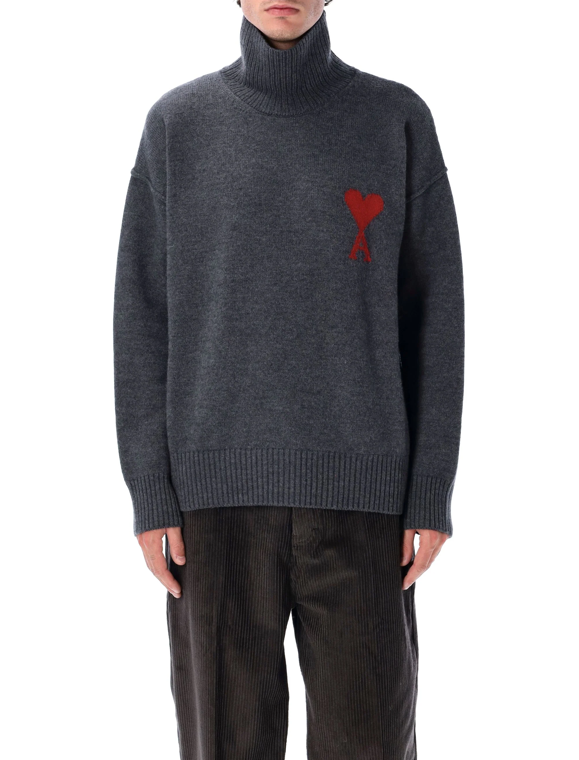 Ami Paris Minimalist Wool Turtleneck Sweater with Dropped Shoulders and Intarsia Chest Motif