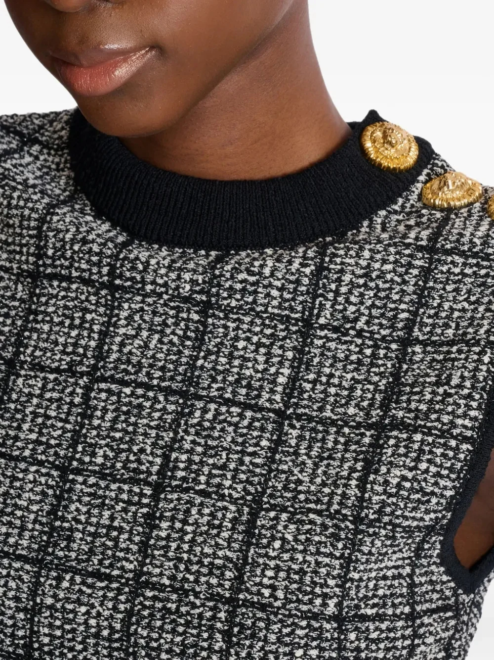 Balmain Tweed Knit Round-Neck Pullover with Lion-Head Button Placket - Image 4
