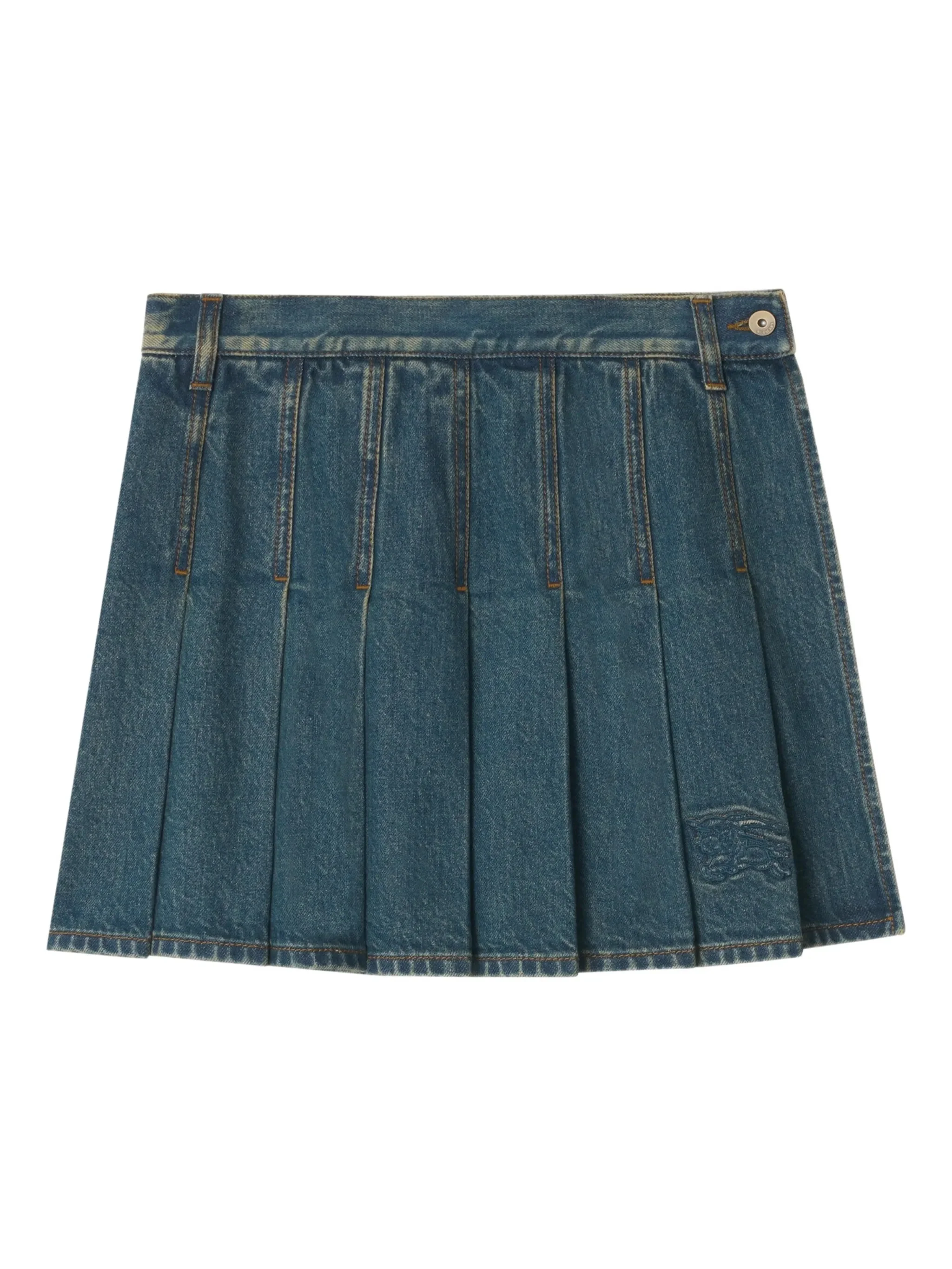 Burberry Pleated Denim Mini Skirt with Side Button Closure and Equestrian Knight Hem Embroidery
