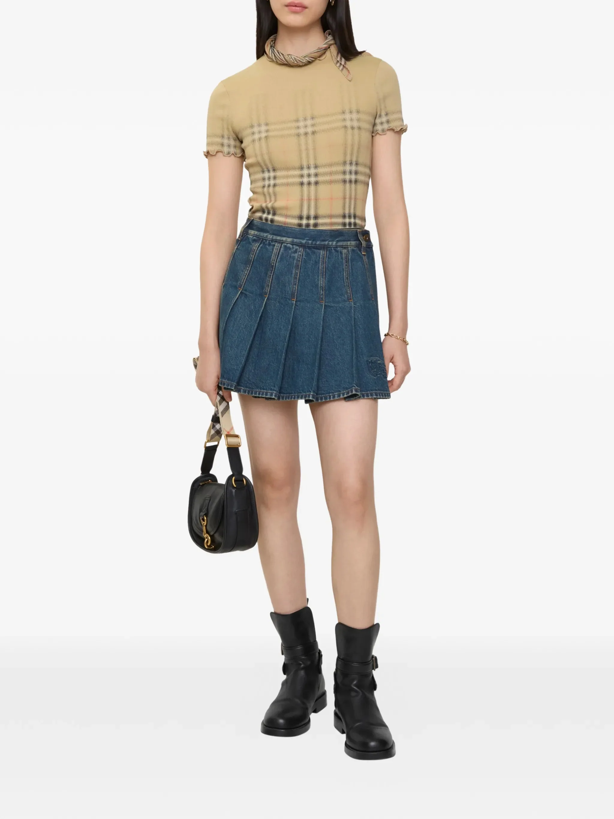 Burberry Pleated Denim Mini Skirt with Side Button Closure and Equestrian Knight Hem Embroidery - Image 2