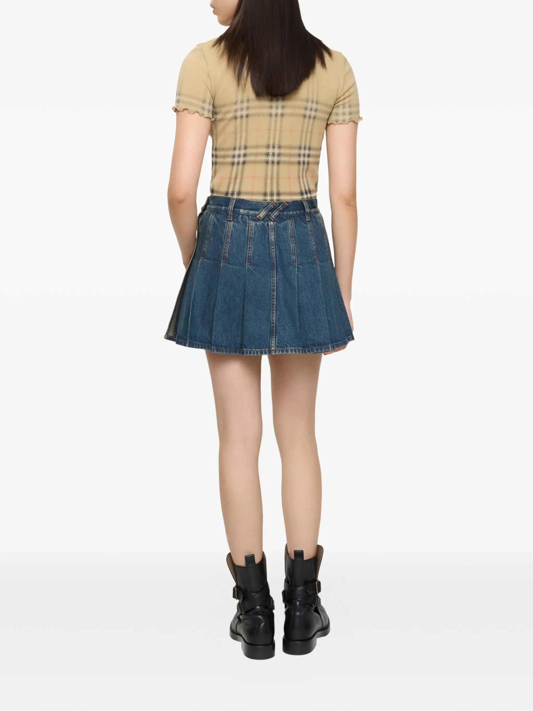 Burberry Pleated Denim Mini Skirt with Side Button Closure and Equestrian Knight Hem Embroidery - Image 3