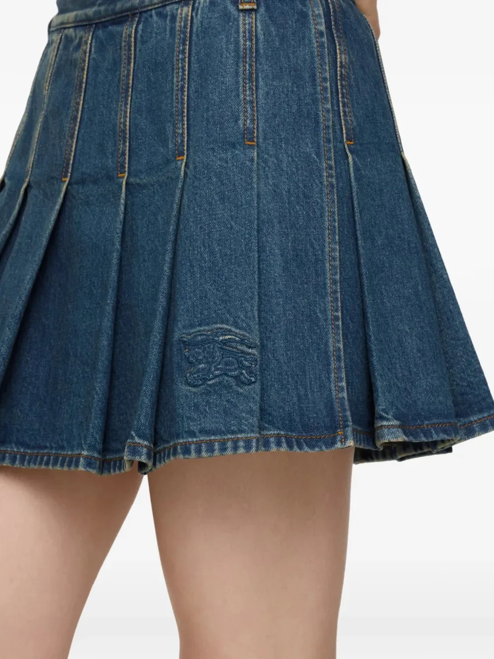 Burberry Pleated Denim Mini Skirt with Side Button Closure and Equestrian Knight Hem Embroidery - Image 4