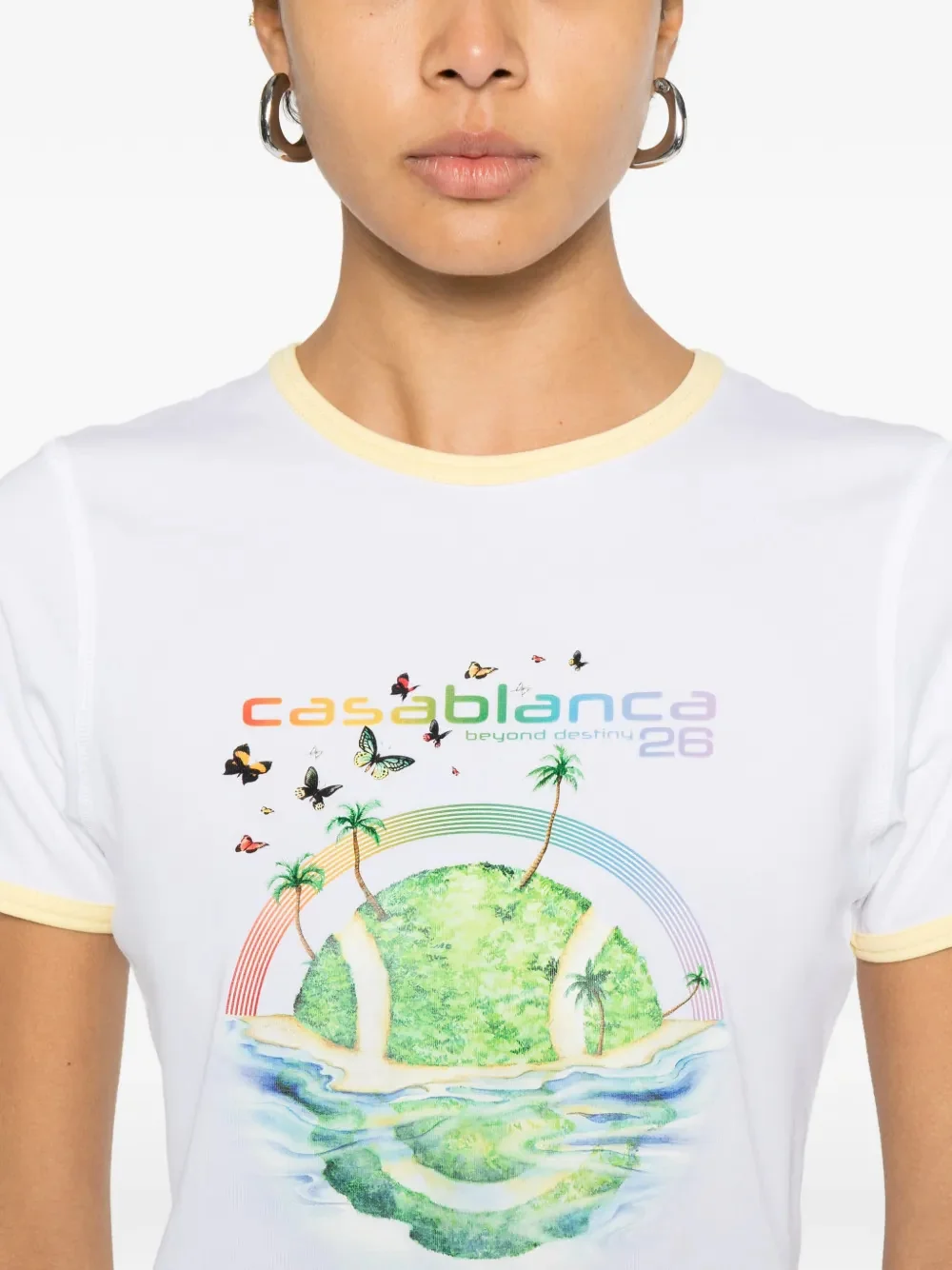Casablanca Women’s Crew Neck T-Shirt with Front Print, Contrasting Cuffs & Collar (Model Wears Size S) - Image 5