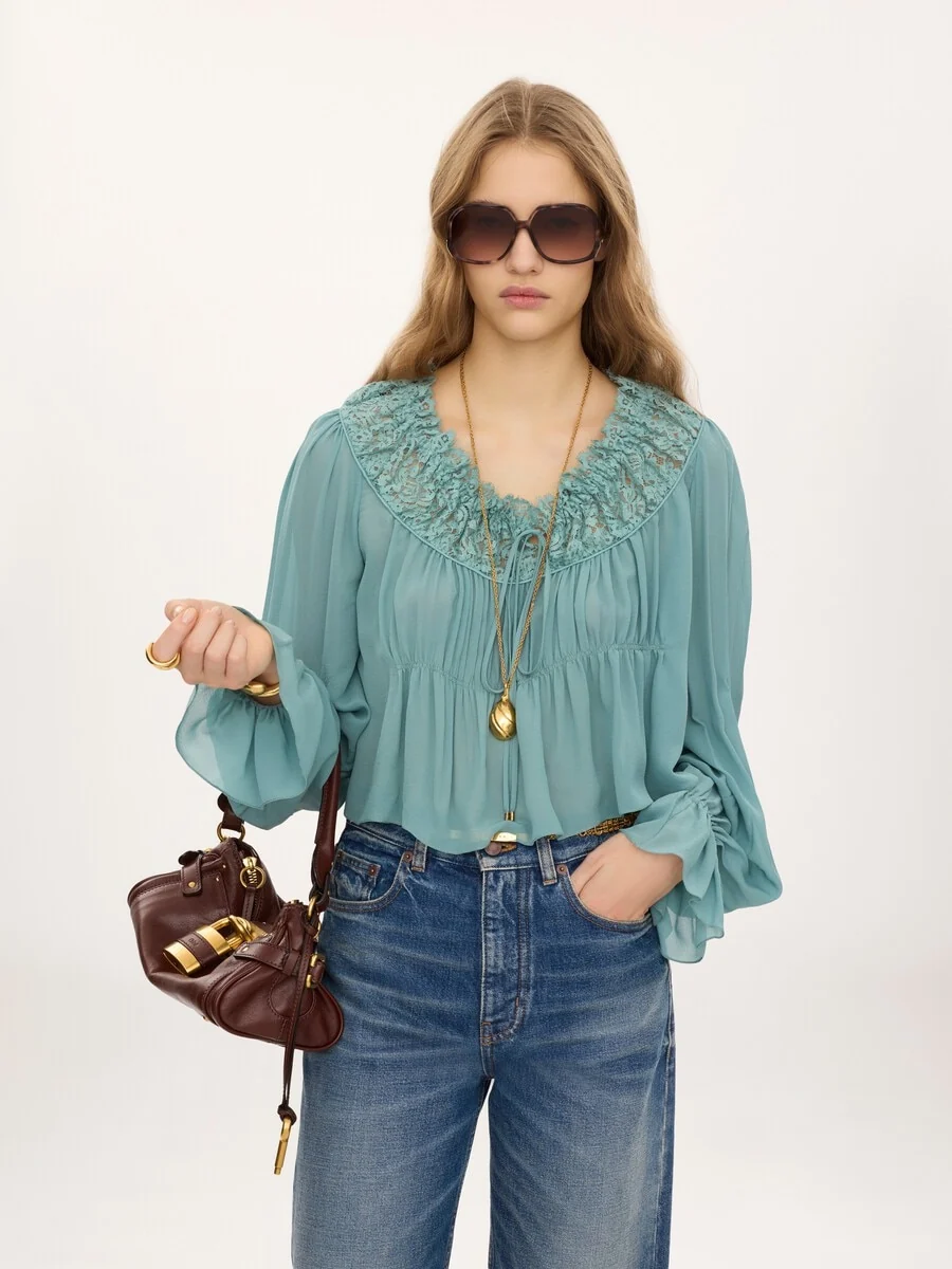 Chloé Chiffon-Soft Silk Long-Sleeve Top with Ruffle Details and Drawstring Neckline - Image 3