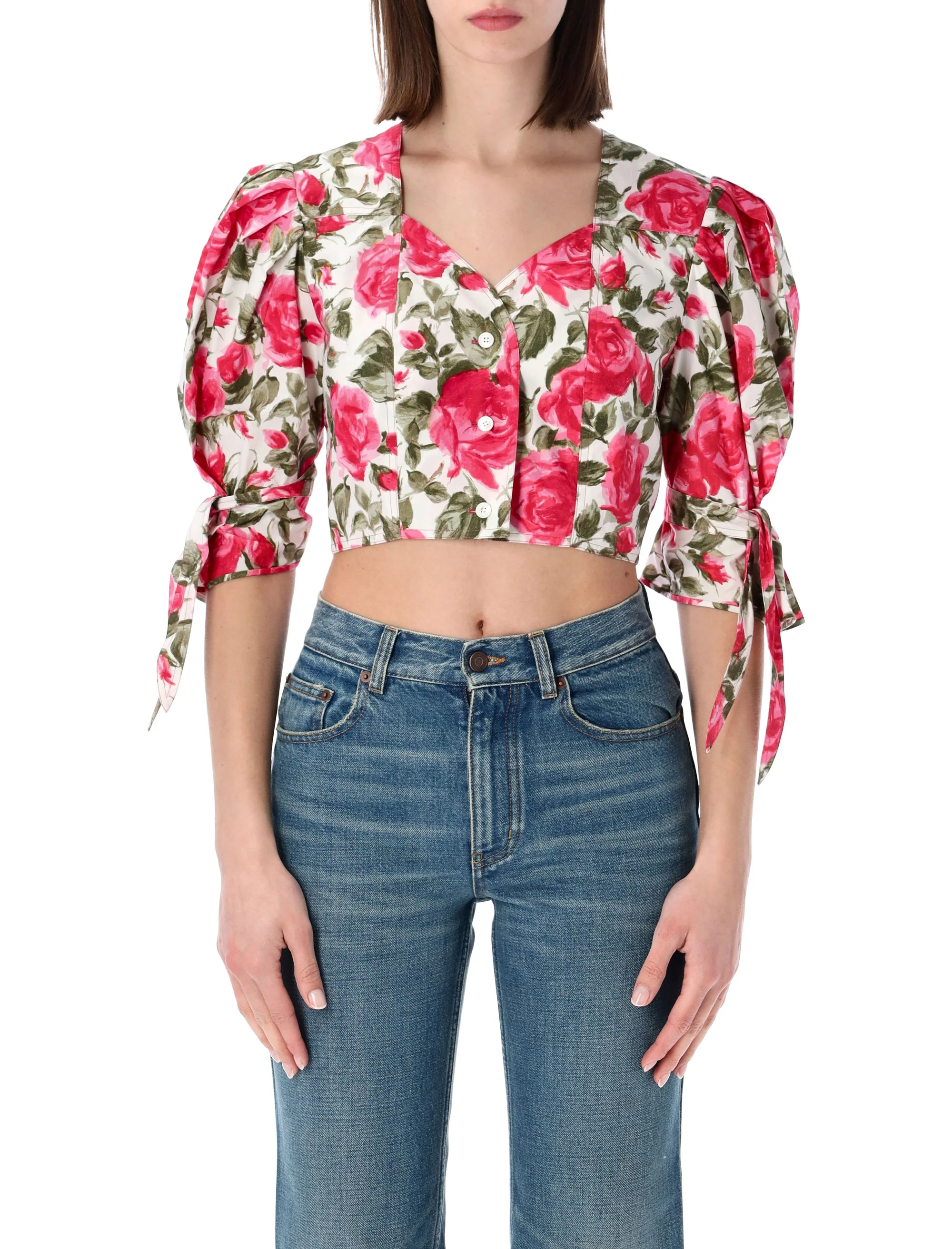 Chloé Puff Sleeve Cotton Poplin Top with V-Neck - Size 36