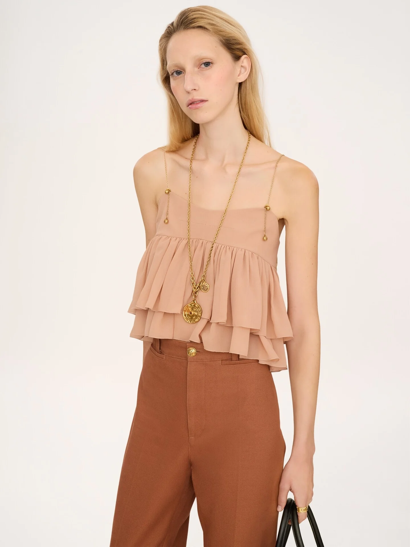 Chloé Sleeveless 100% Silk Tiered Mini Dress with Adjustable Chain Straps (Size 36) - Image 3