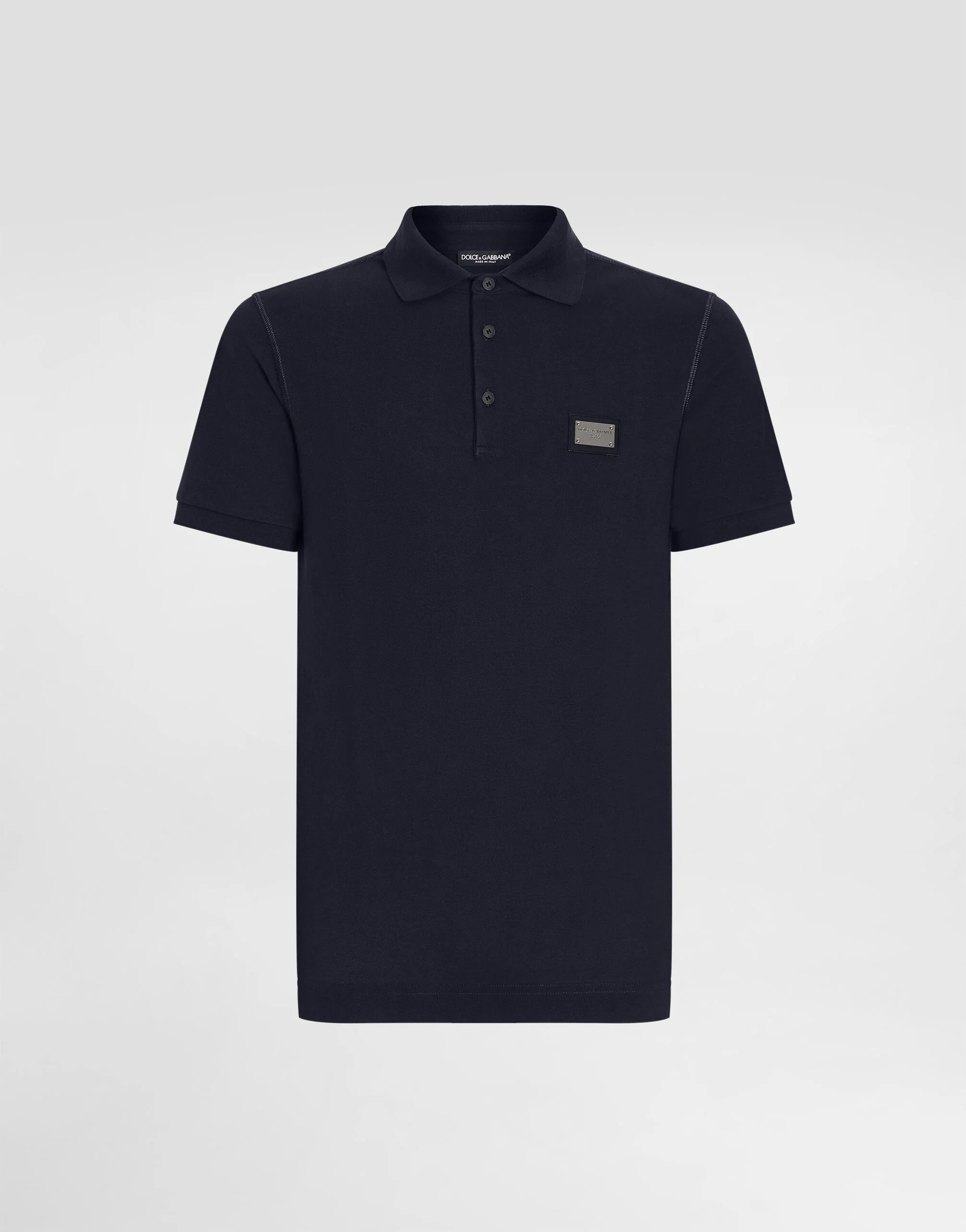 Dolce & Gabbana Men’s Cotton Polo Shirt with Front Buttons and Logo Metal Plaque
