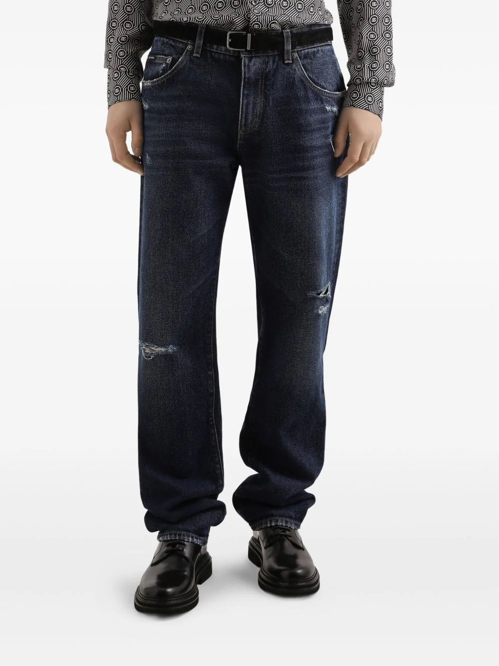 Dolce & Gabbana Men’s Loose-Fit Distressed Five-Pocket Jeans with Back Logo Plaque - Image 4