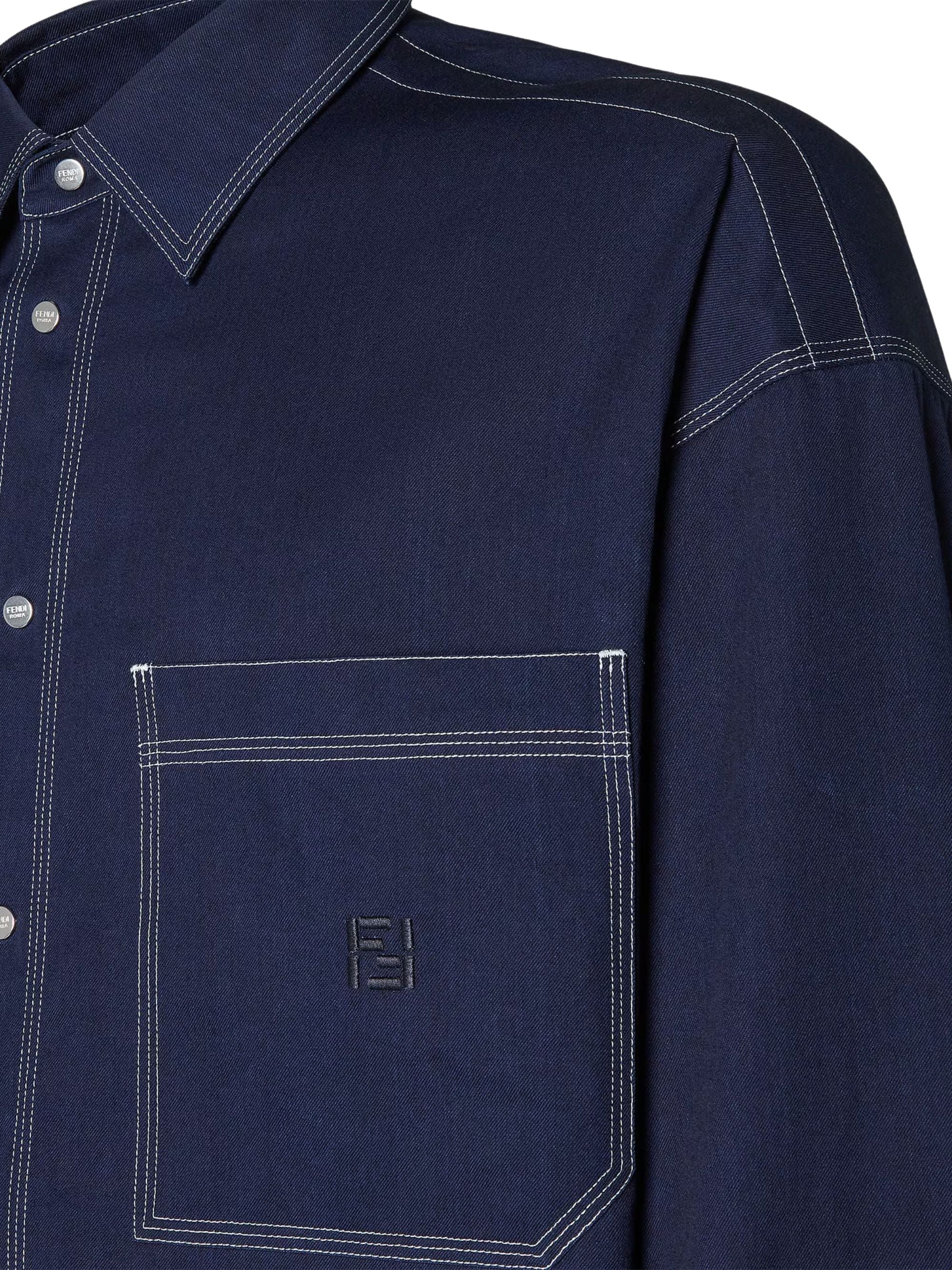 FENDI Cotton Shirt with Patch Pockets and Logo Snap-Button Placket - Image 3