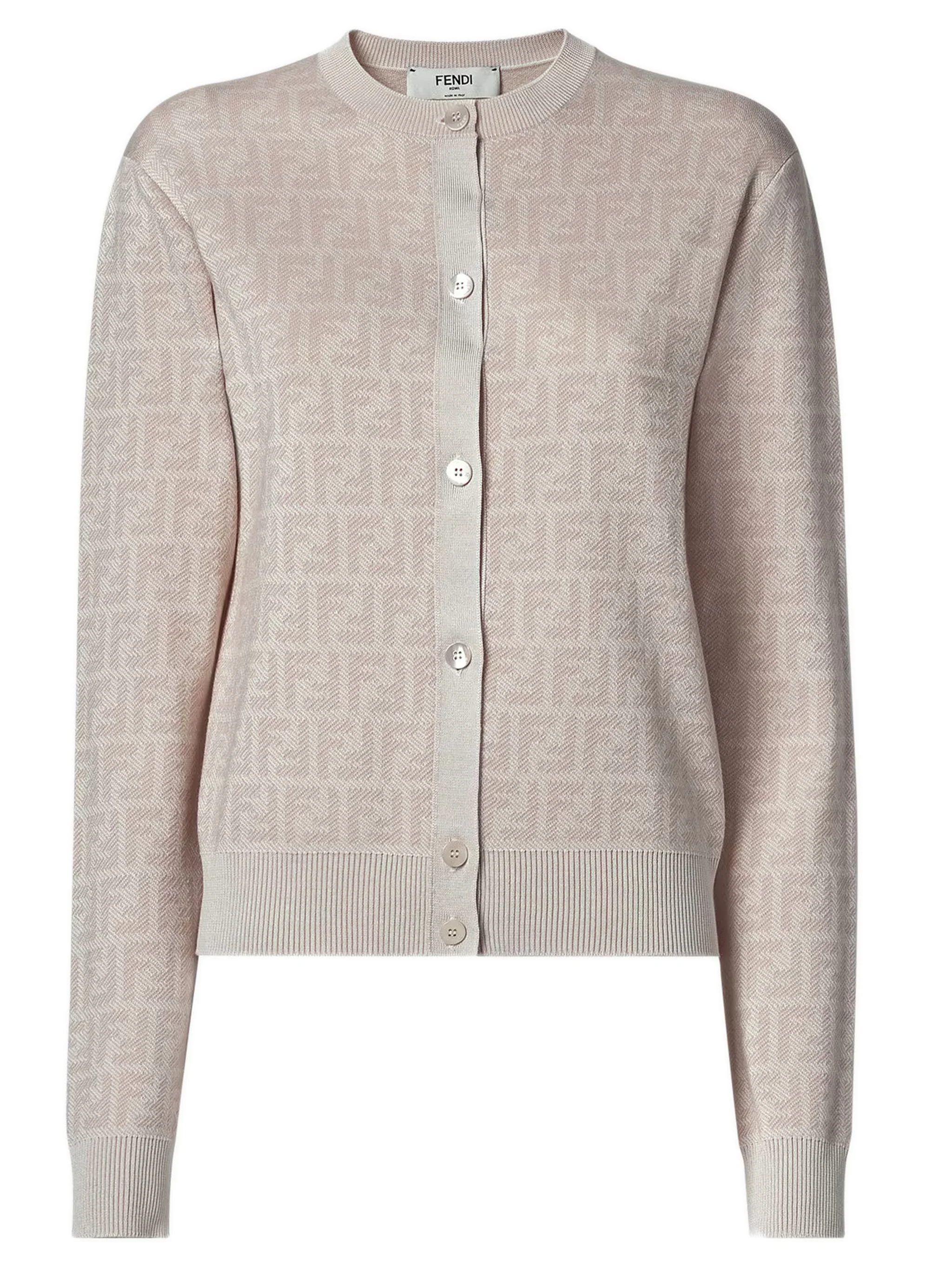 Fendi Long-Sleeve Slim-Fit Crew-Neck Wool Cardigan with Jacquard FF Motif and Mother-of-Pearl Buttons