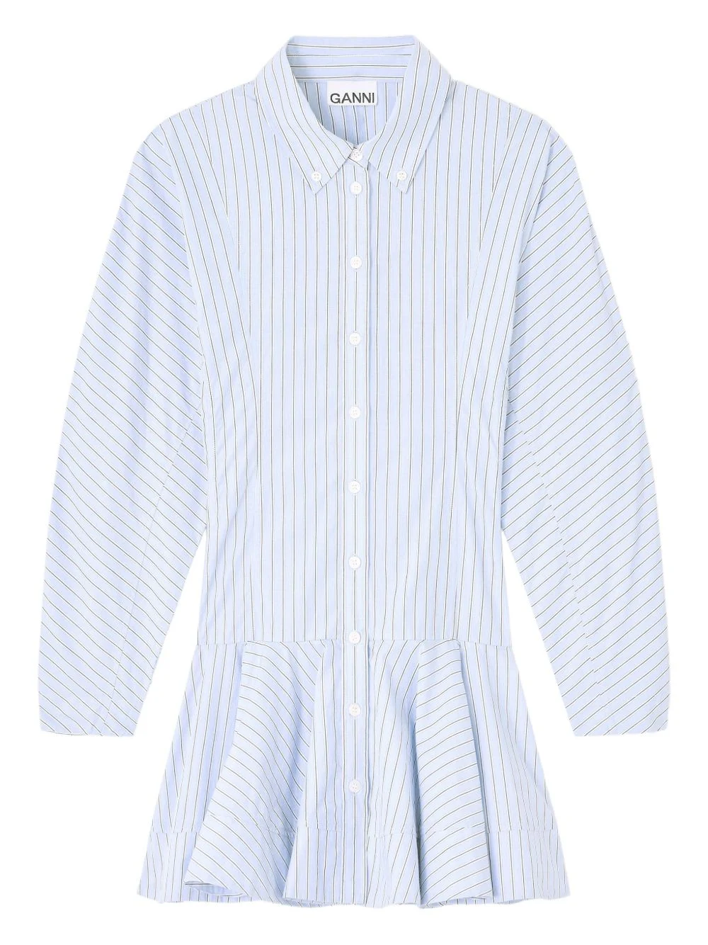 GANNI Stripe Print Cotton Mini Dress with Classic Collar and Ruffled Hem