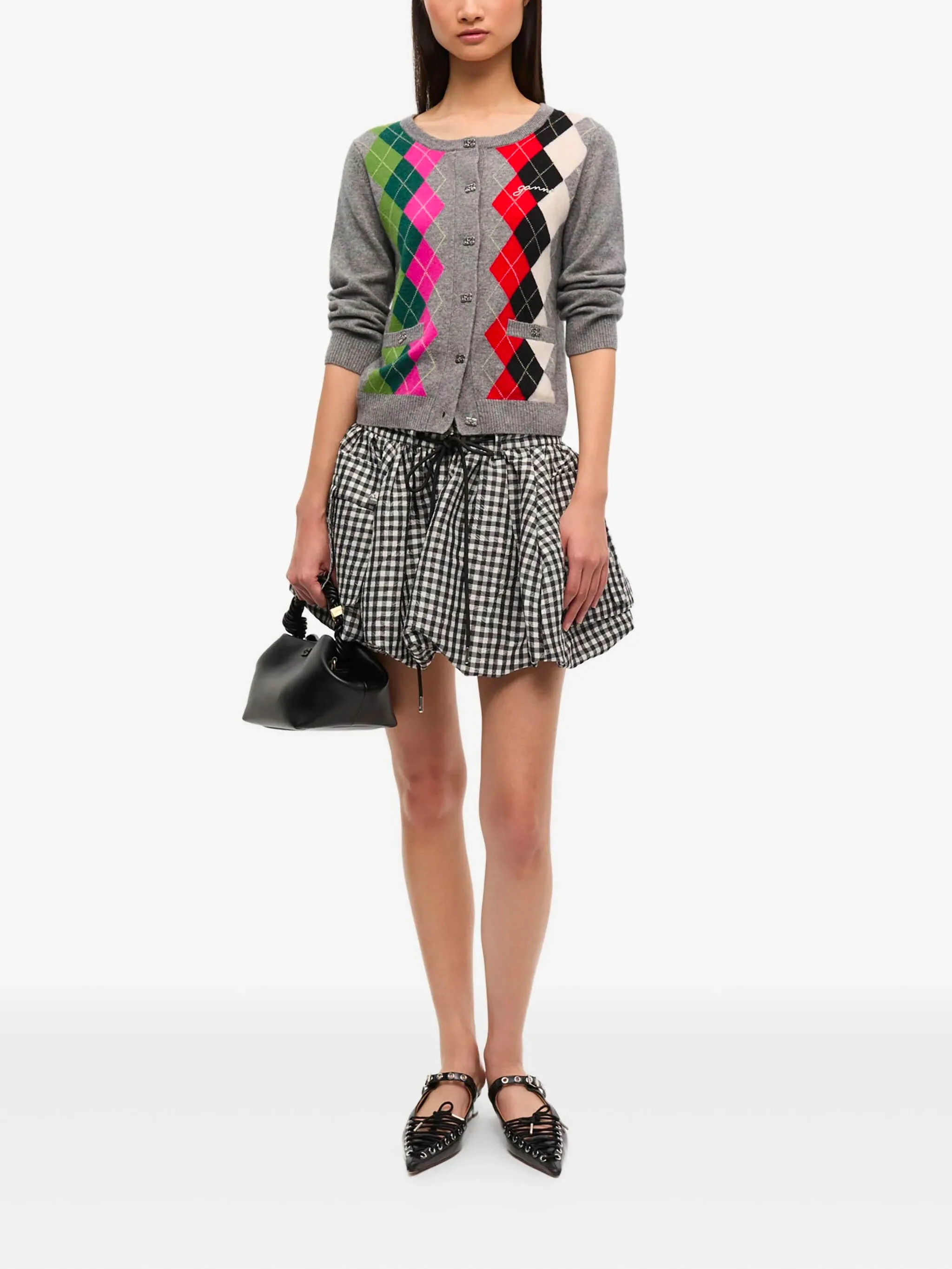GANNI-Style Merino Wool & Cashmere Check Knit Cardigan with Logo Embroidery - Image 2
