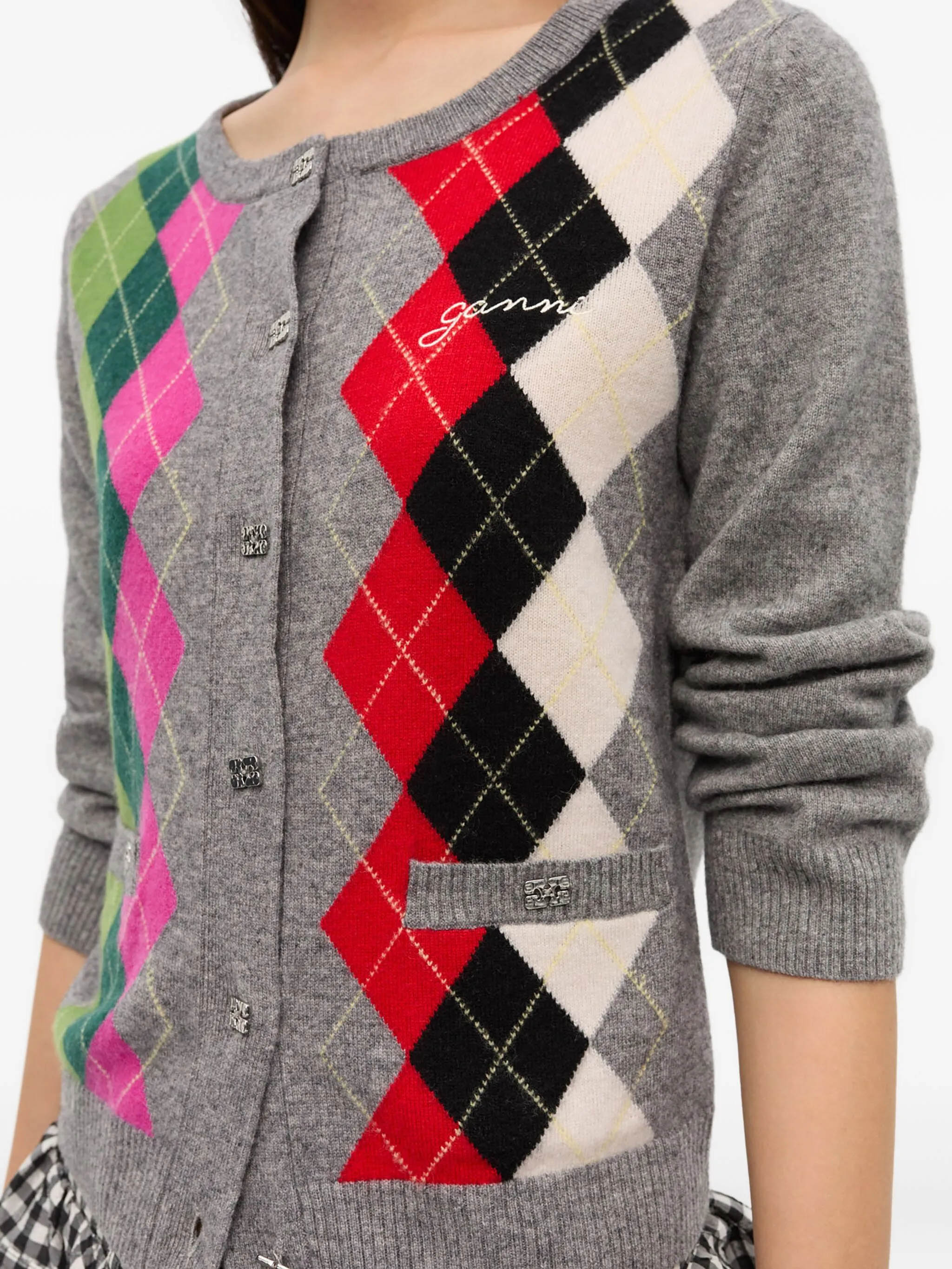 GANNI-Style Merino Wool & Cashmere Check Knit Cardigan with Logo Embroidery - Image 5