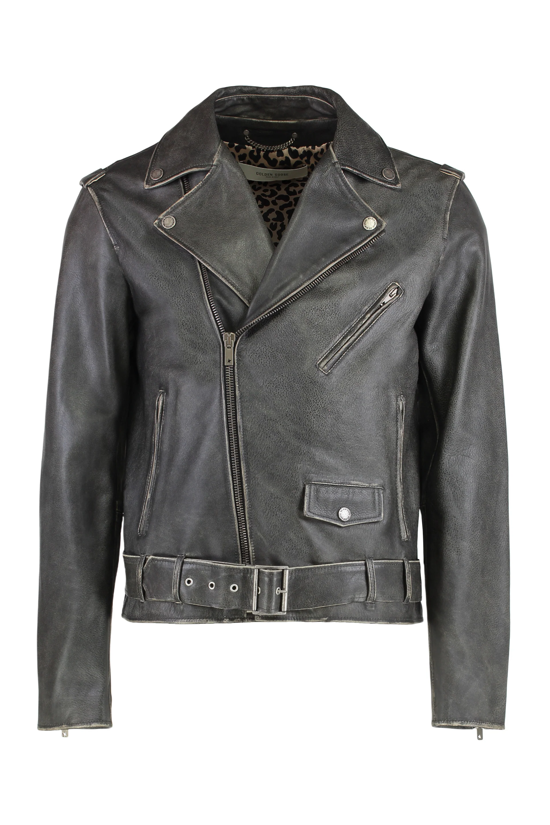 Golden Goose? Distressed Bull Leather Jacket with Zip Pockets and Belt Loops