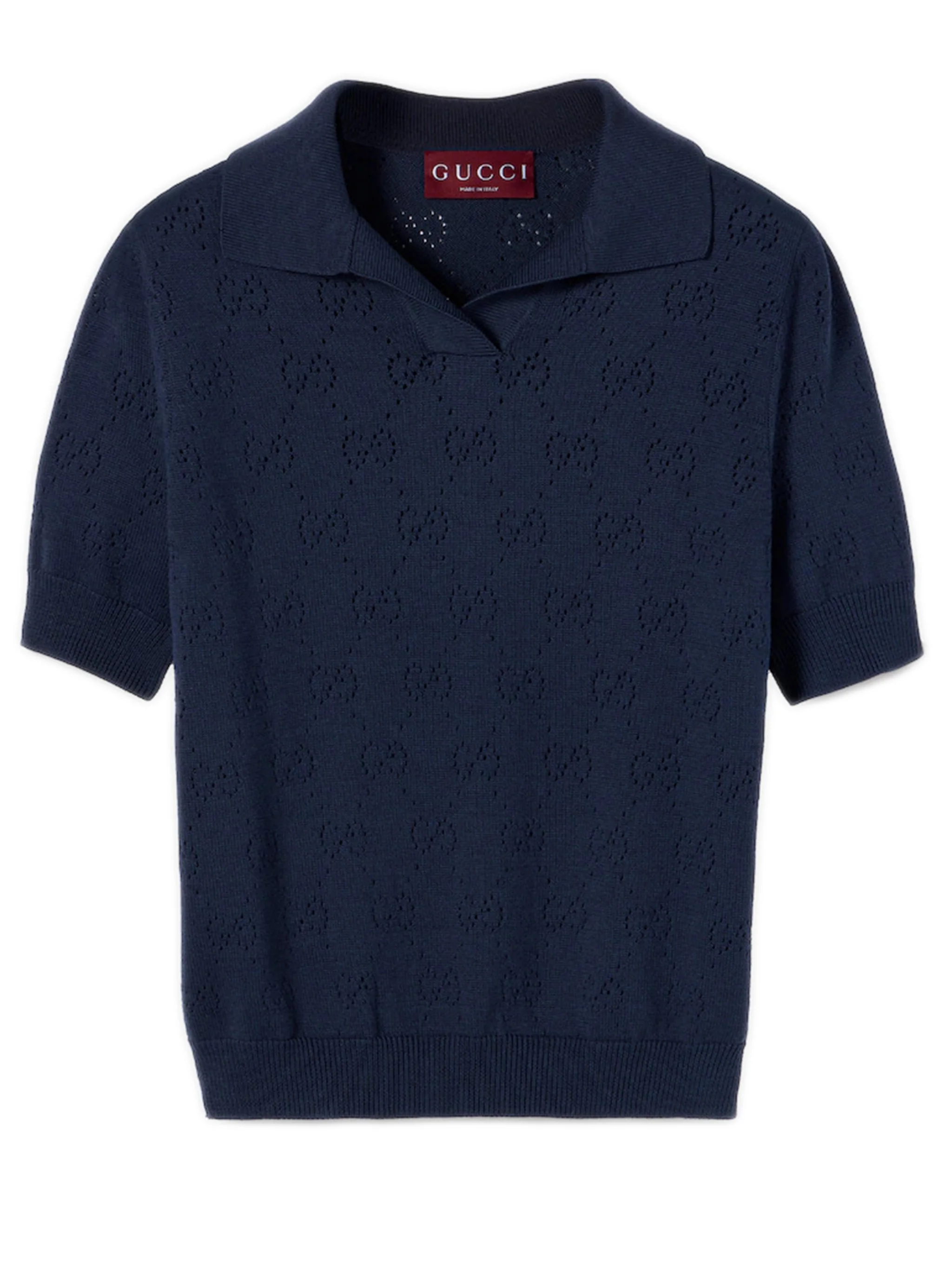 Gucci GG Pointelle Silk-Cotton Knit Top with Rib Trim, Open Collar & Short Sleeves