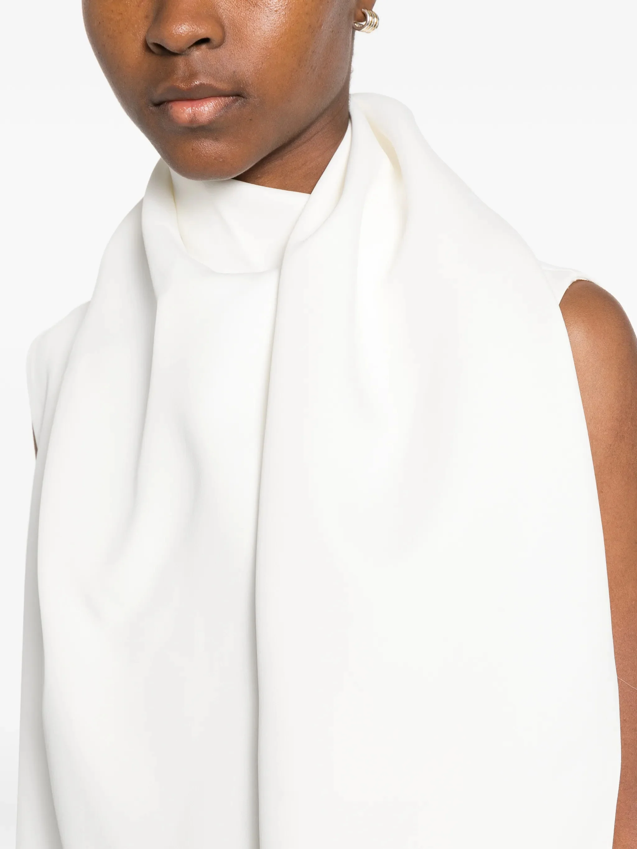 Khaite Flowing Crepe Satin Mini Dress with Draped Scarf High Neck - Image 5