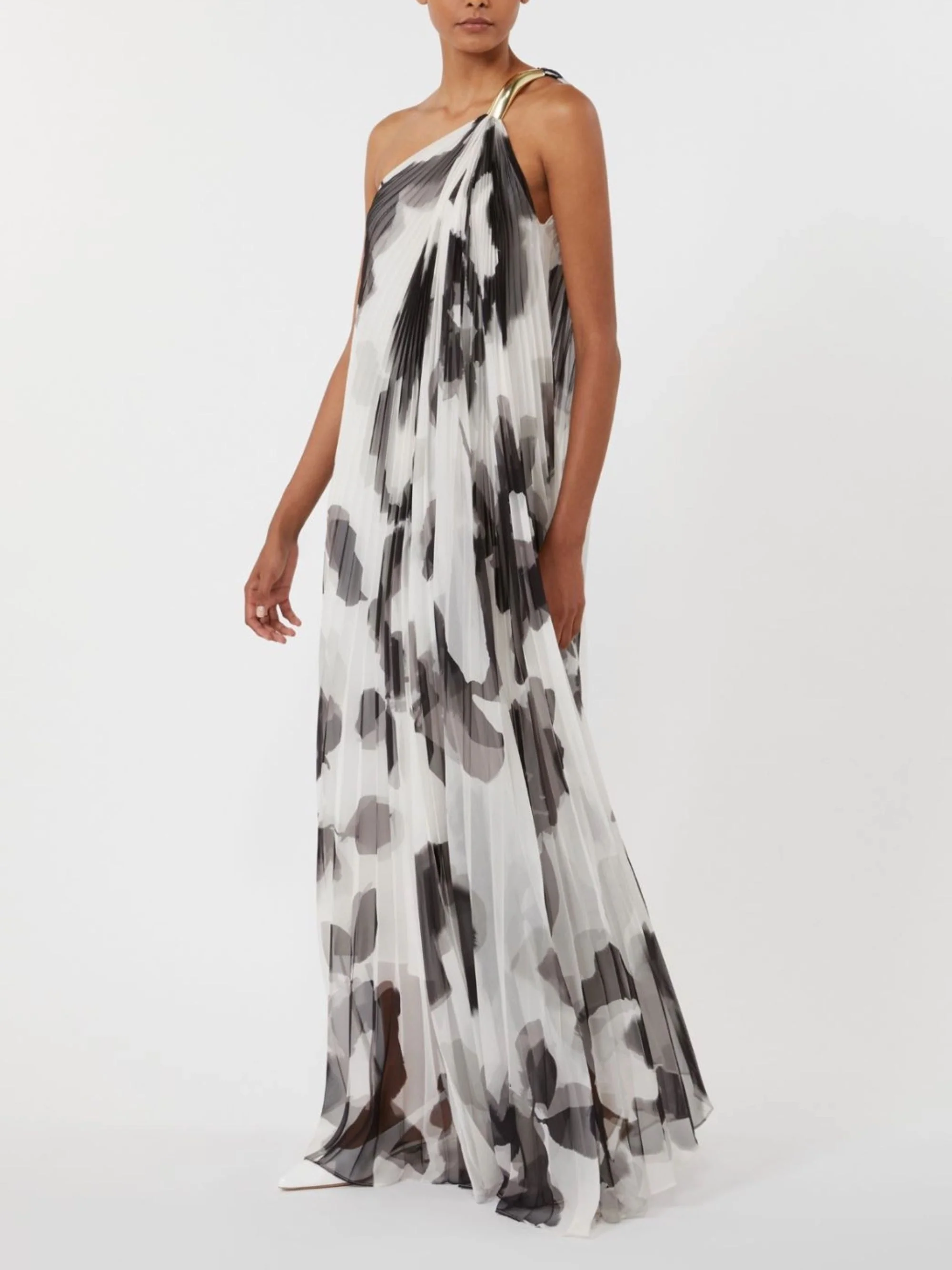 MAX MARA PIANOFORTE Chiffon Dress with an All-over PrintAsymmetrical Neckline with Metal Detail on the Left Shoulder - Image 2