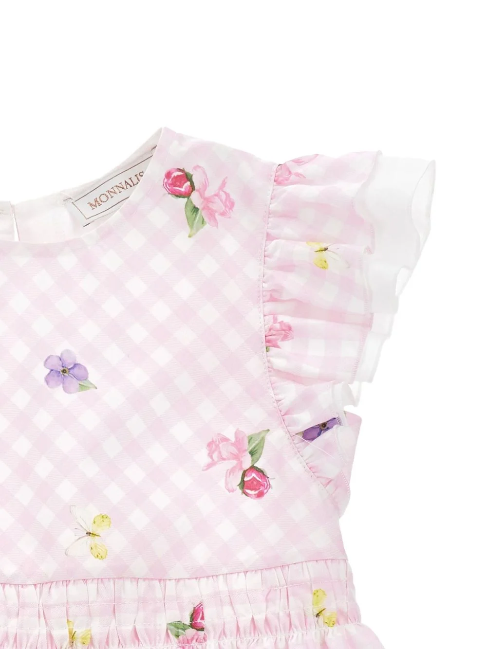 Monnalisa Mini Gingham-Check Floral Print Top with Ruffled Sleeves - Image 4