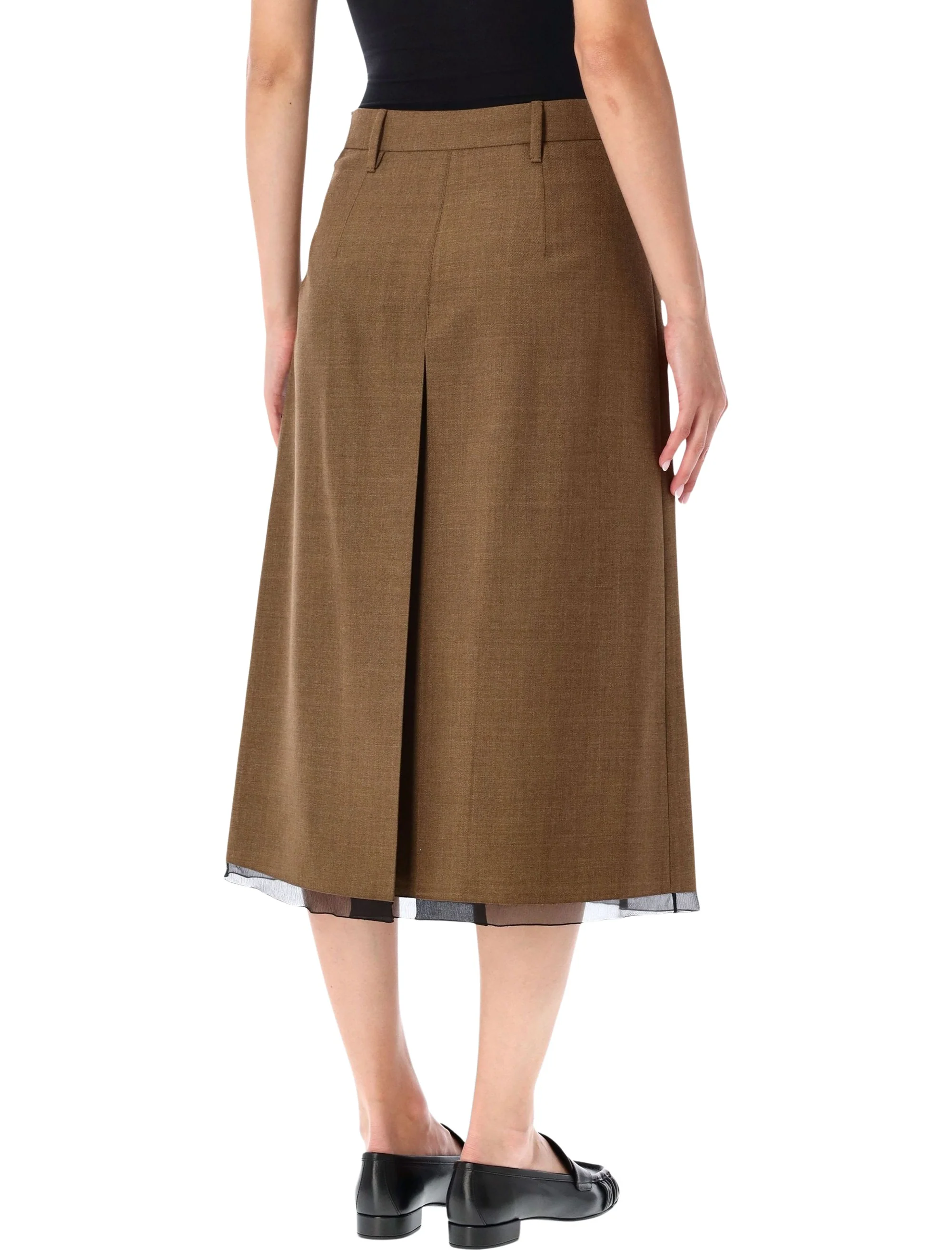 Prada Women’s Virgin Wool Midi Skirt with Sheer Chiffon Hem and Inverted Pleat - Image 2