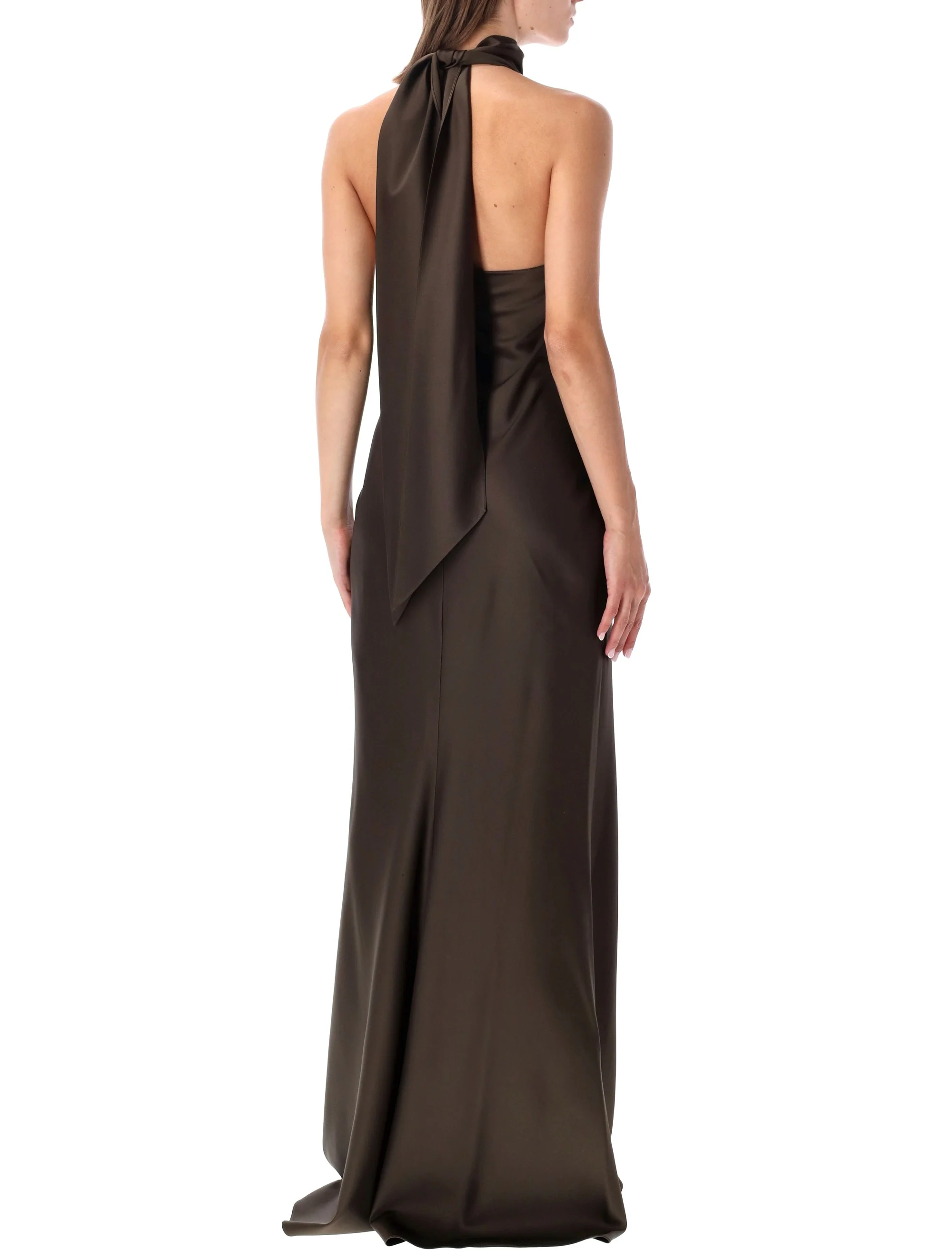 Ralph Lauren Satin Column Halter Evening Dress with Open Back and Grosgrain Tie Detail - Image 2