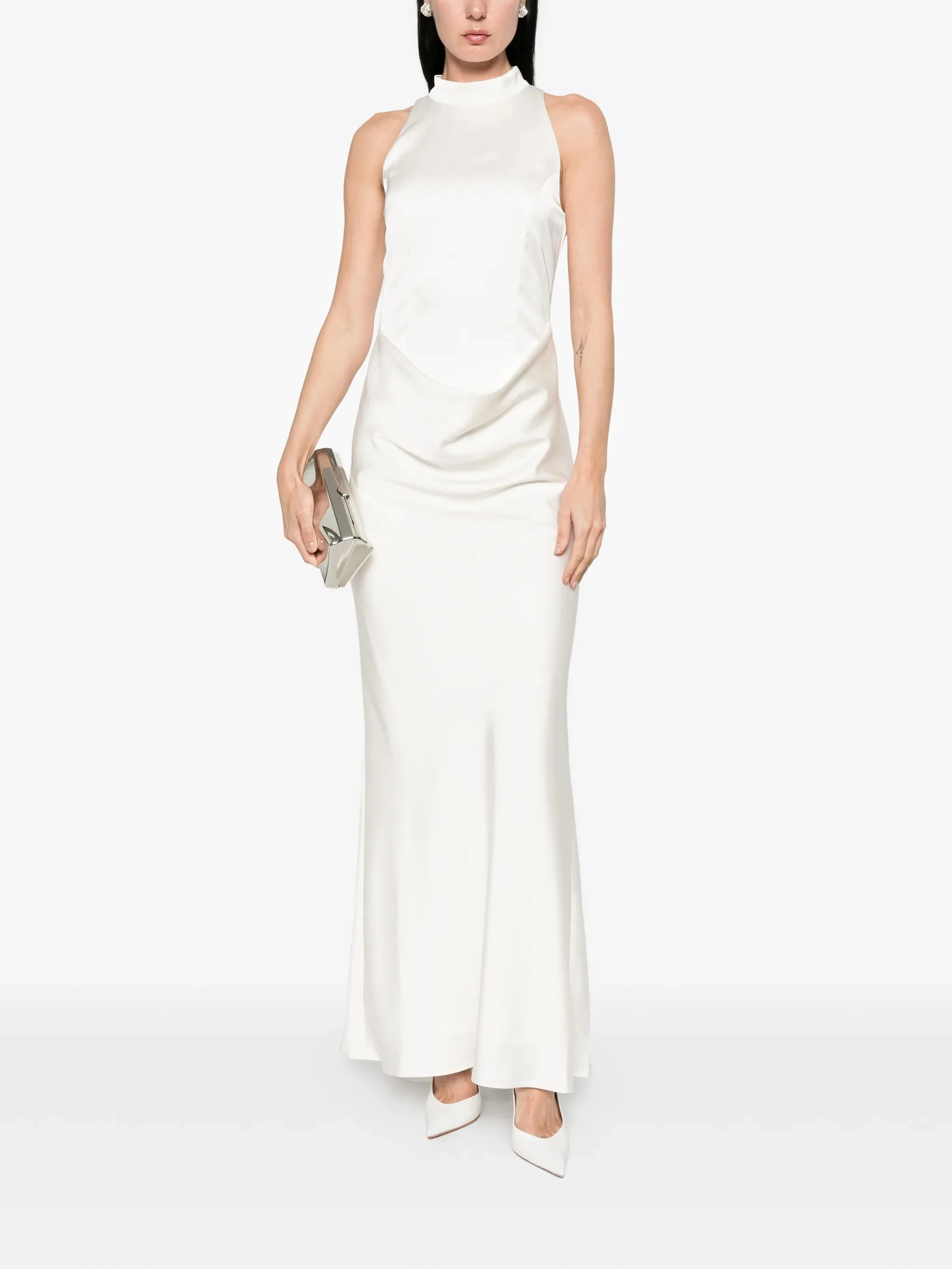 Rotate High-Neck Sleeveless Satin Dress with Draped Waist and Train - Image 2