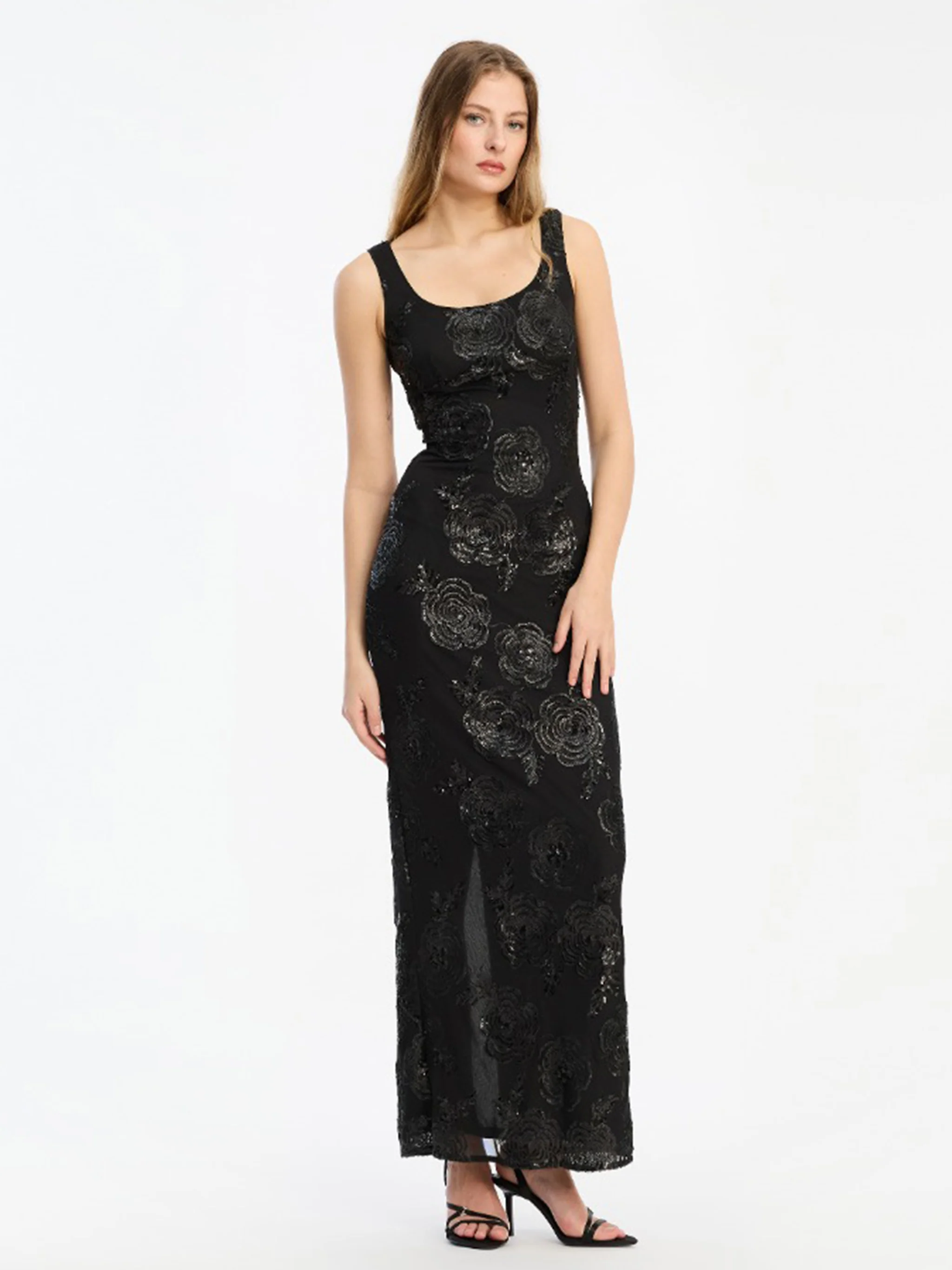 Rotate Long Fitted Sequin Floral Embroidered Dress with Bateau Neckline and Back Slit (Size 34) - Image 2