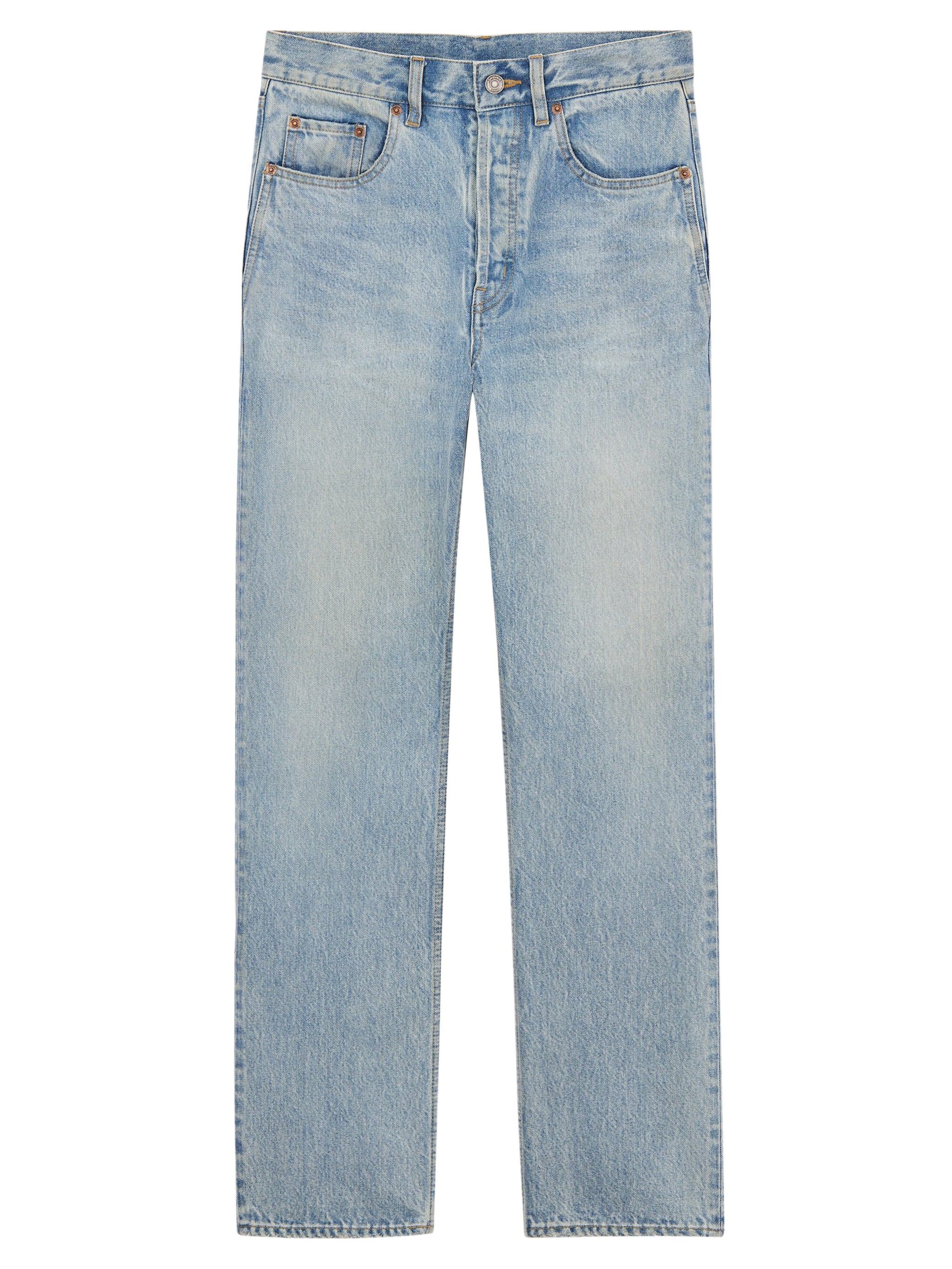 Saint Laurent Button-Fly Five-Pocket Jeans with Embossed Leather Jacron