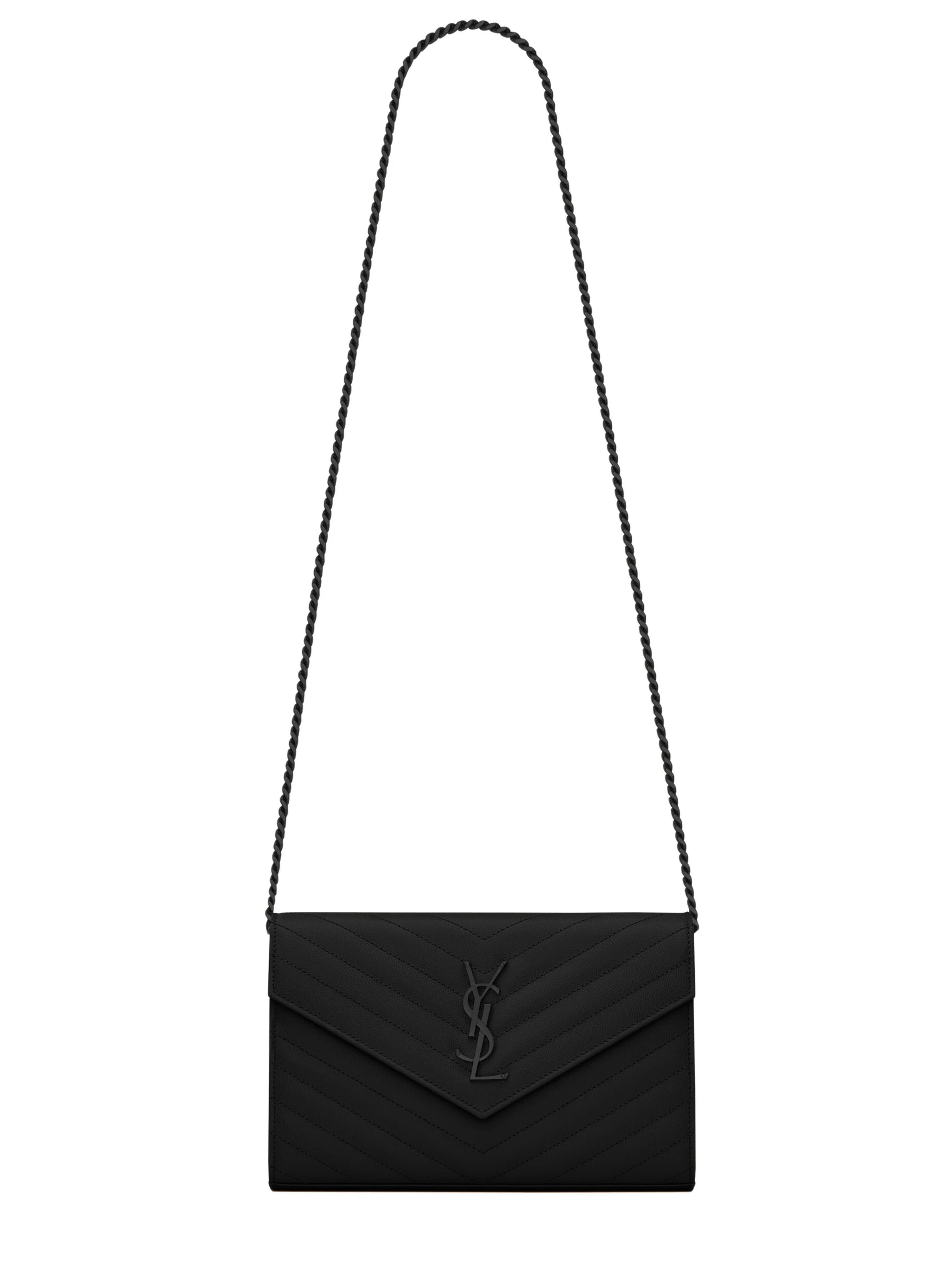 Saint Laurent Mini Leather Crossbody Wallet with Chain Strap, YSL Hardware, 14 cm
