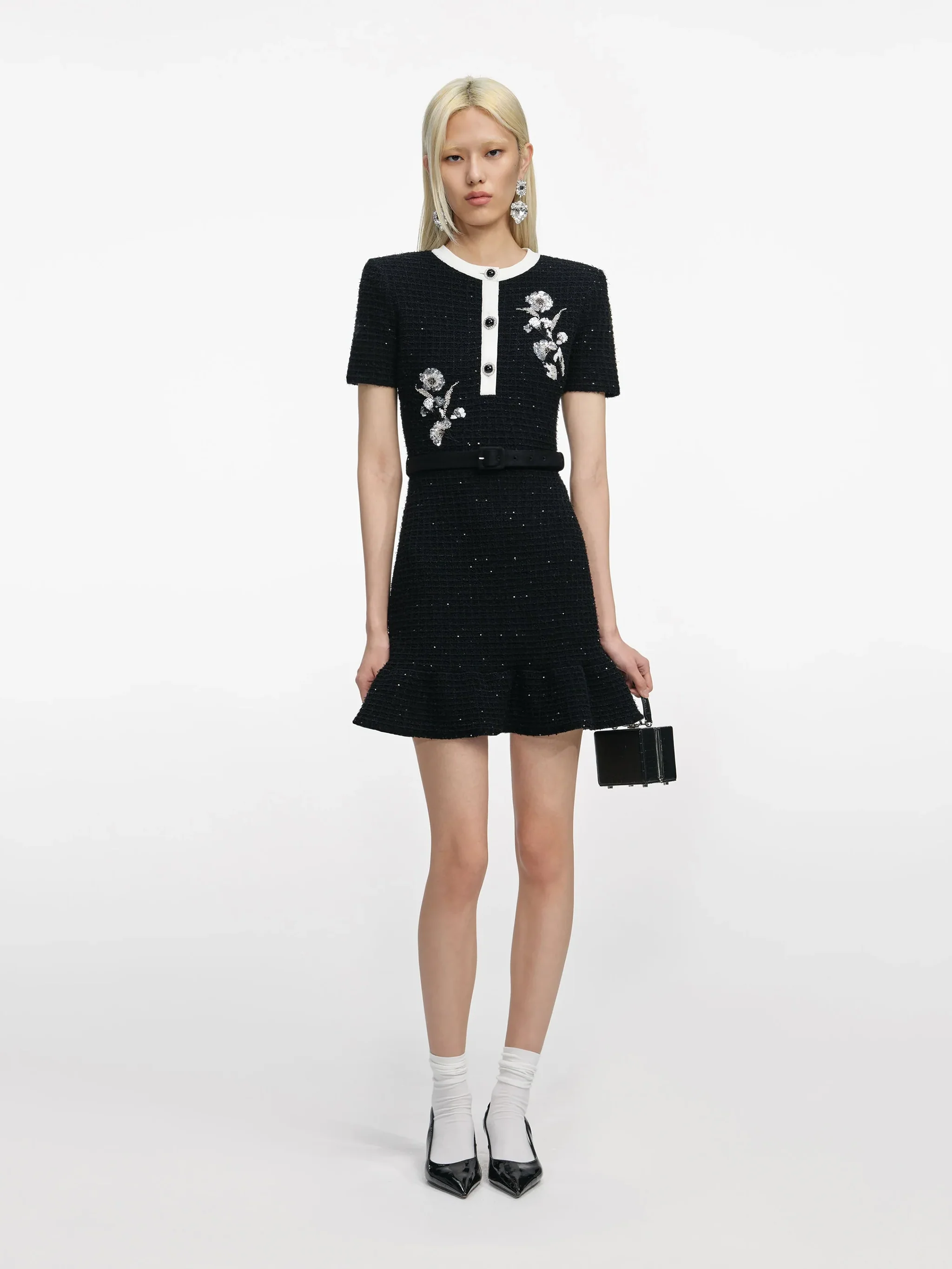 SELF-PORTRAIT Crepe Fur Hem Mini Dress