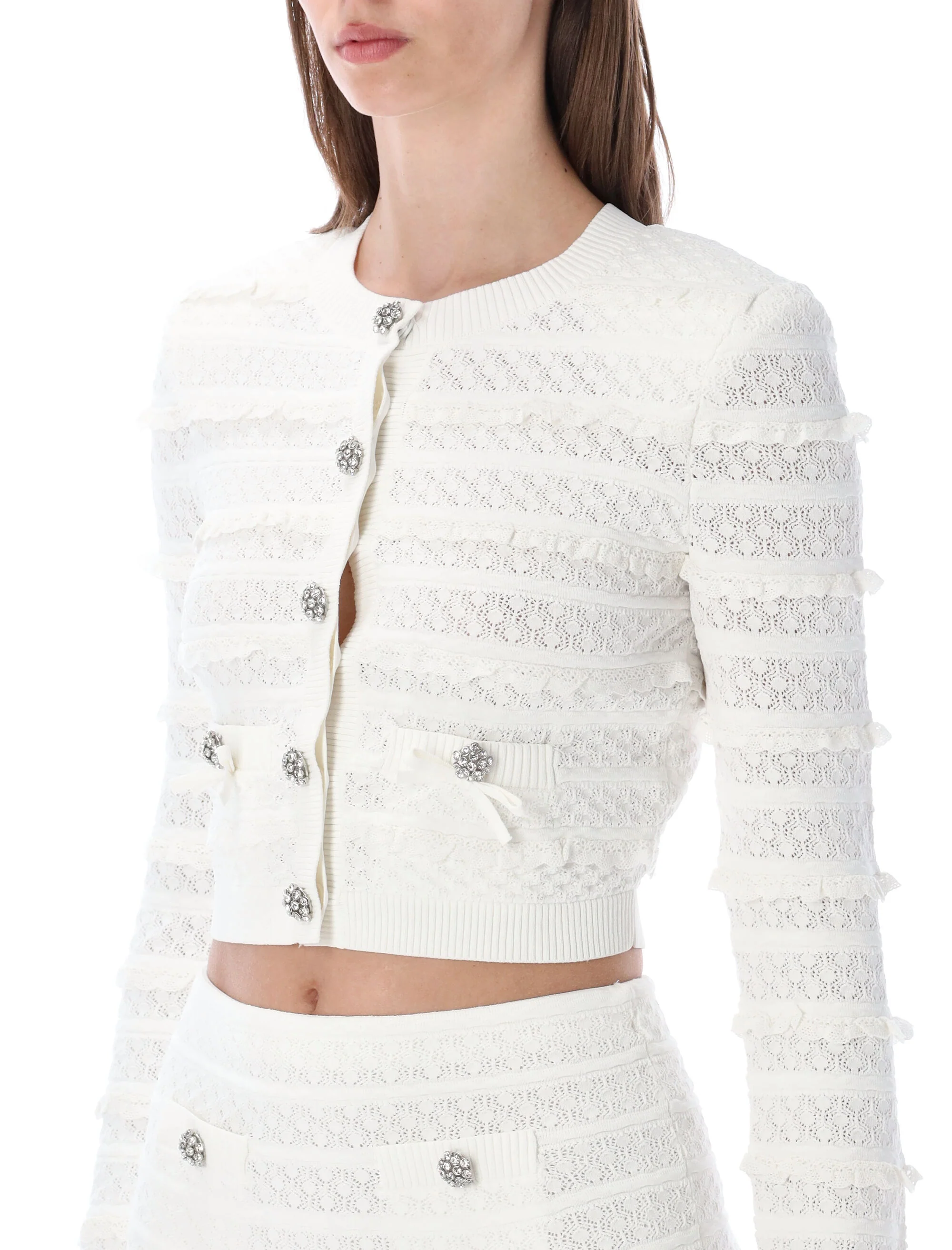 Self-portrait Feminine Pointelle Knit Cardigan with Removable Shoulders - Image 3