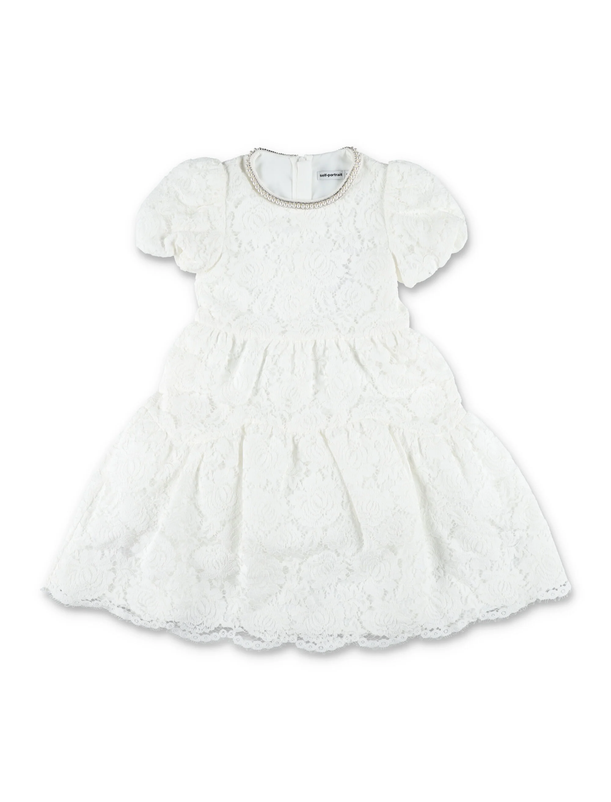 Self-portrait Girl’s Floral Lace Tiered Puff Sleeve Dress with Embellished Round Neckline