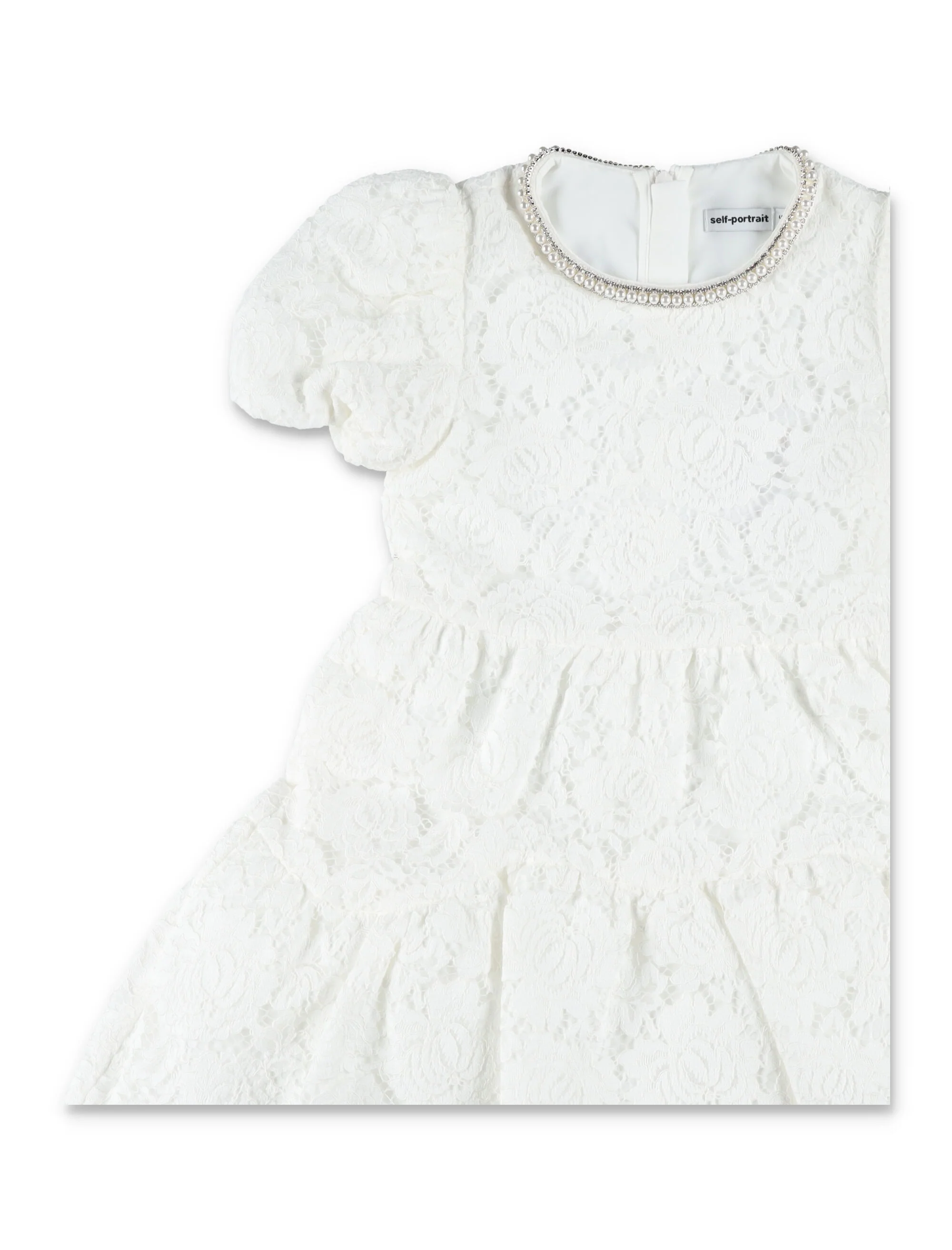 Self-portrait Girl’s Floral Lace Tiered Puff Sleeve Dress with Embellished Round Neckline - Image 2