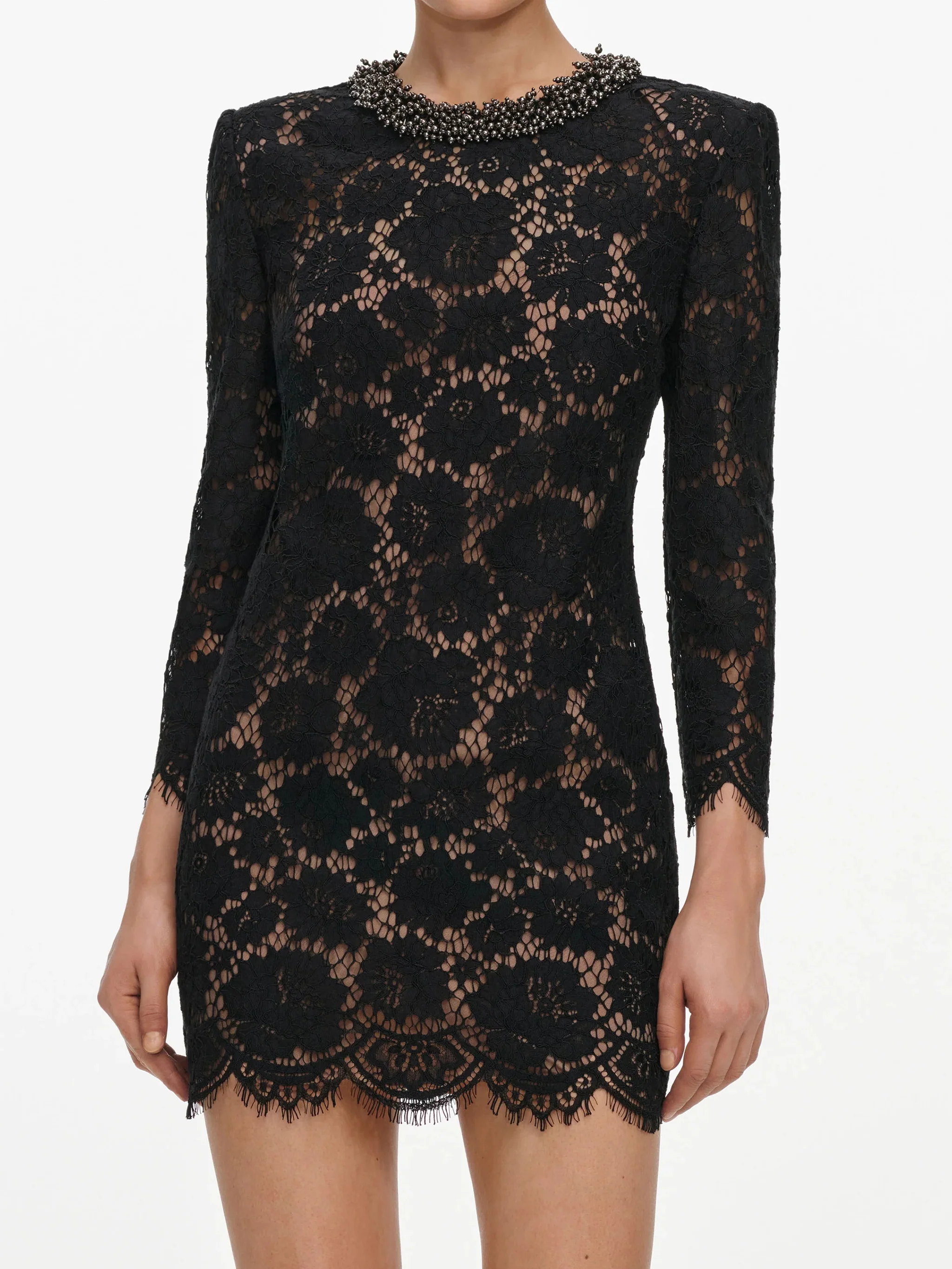 Self-Portrait-Inspired Lace Mini Dress with Neck Detail and Long Sleeves - Image 4