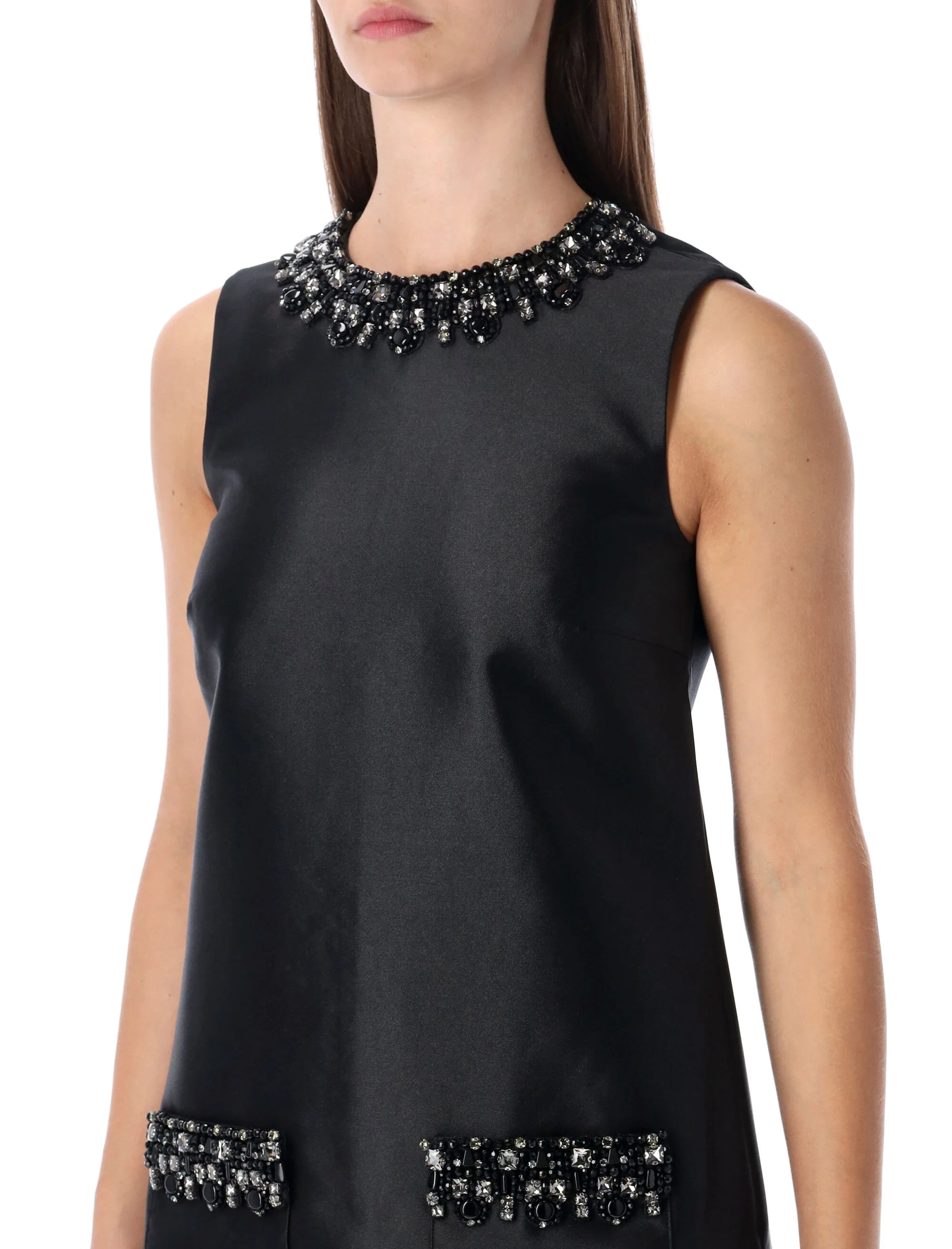 Self-portrait Jewel-Embellished Black Taffeta Mini Dress with Front Pockets - Image 3