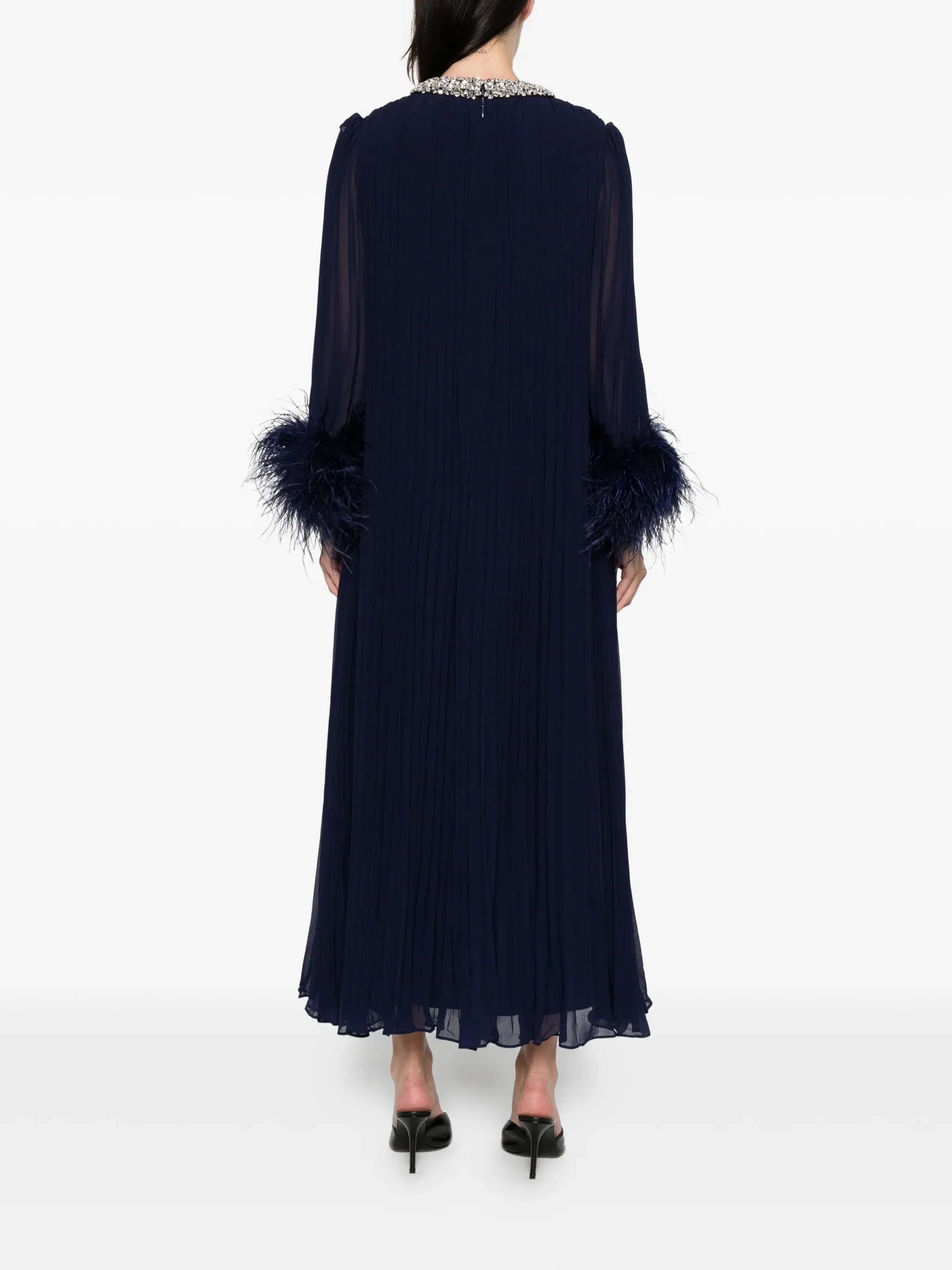 Self-portrait Rhinestone Neckline Pleated Chiffon Midi Dress with Ombre Feather Cuffs - Image 4