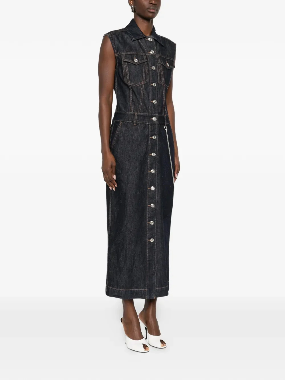 Sportmax Sporty Denim Midi Dress with Button Closure, Pockets & Waist Belt Loops - Image 3