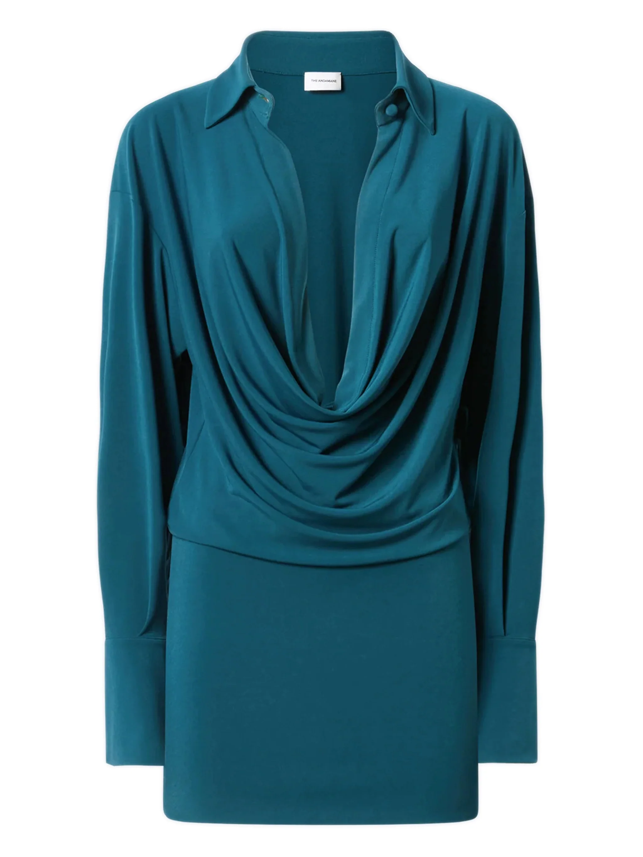 The Andamane Pointed Collar Deep V-Neck Dress with Oversized Button Cuffs