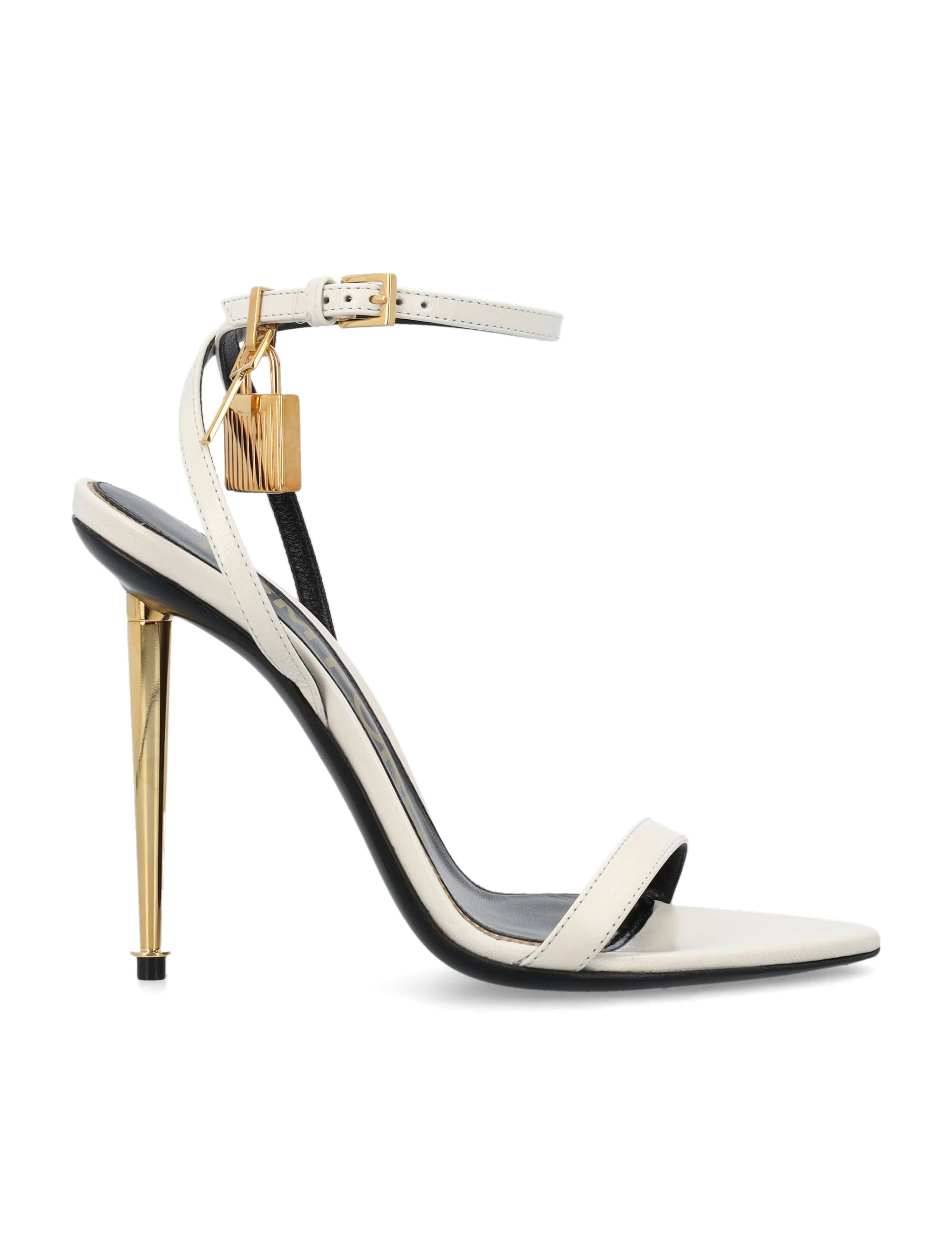 Tom Ford Women’s Pointed-Toe Leather Sandals with Adjustable Ankle Strap and Logo Buckles, 11 cm Metal Heel