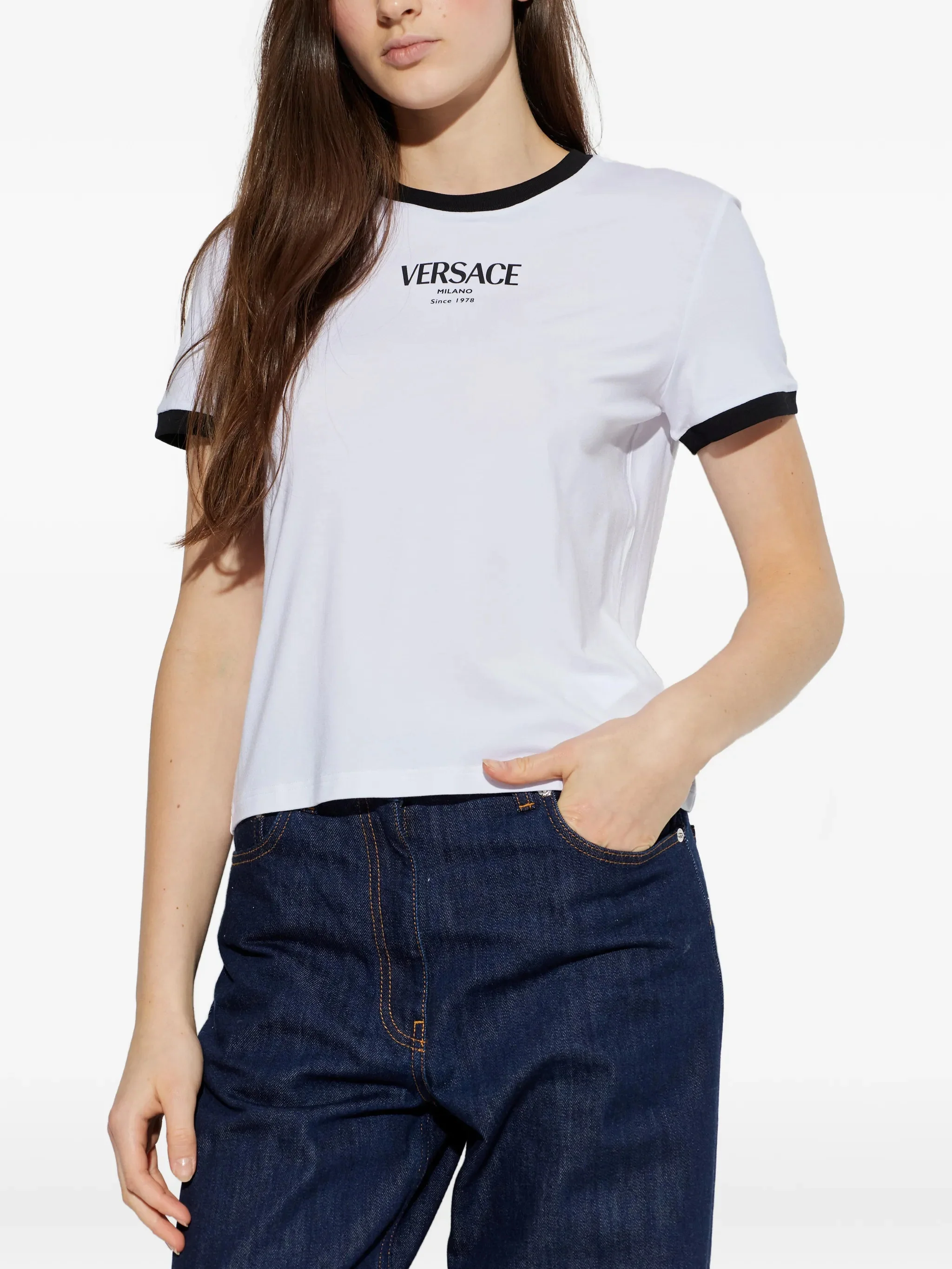 Versace Logo Motif Ribbed Trim Short-Sleeve Crewneck Top - Image 3