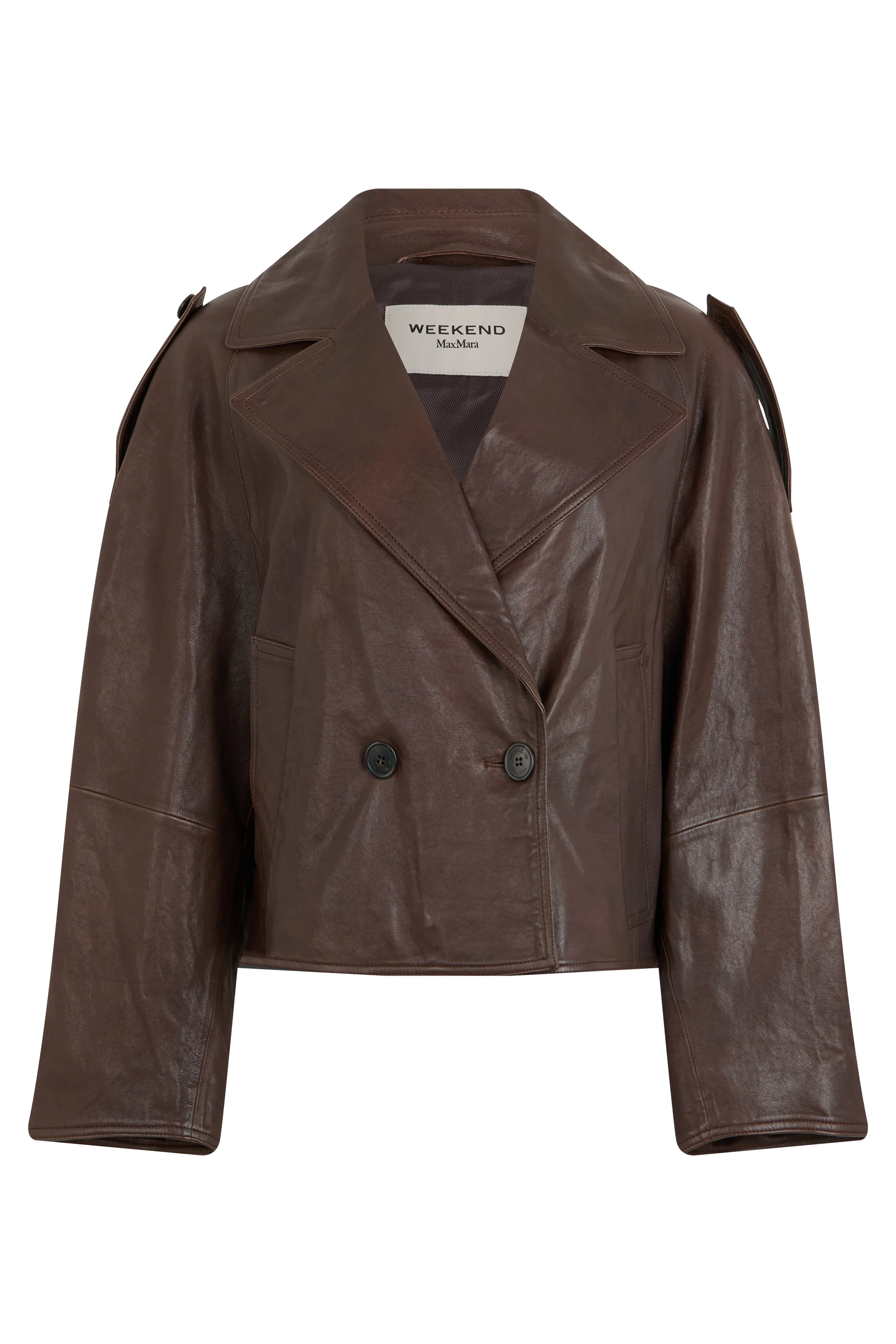 Weekend Max Mara Short Double-Breasted Leather Jacket with Classic Collar