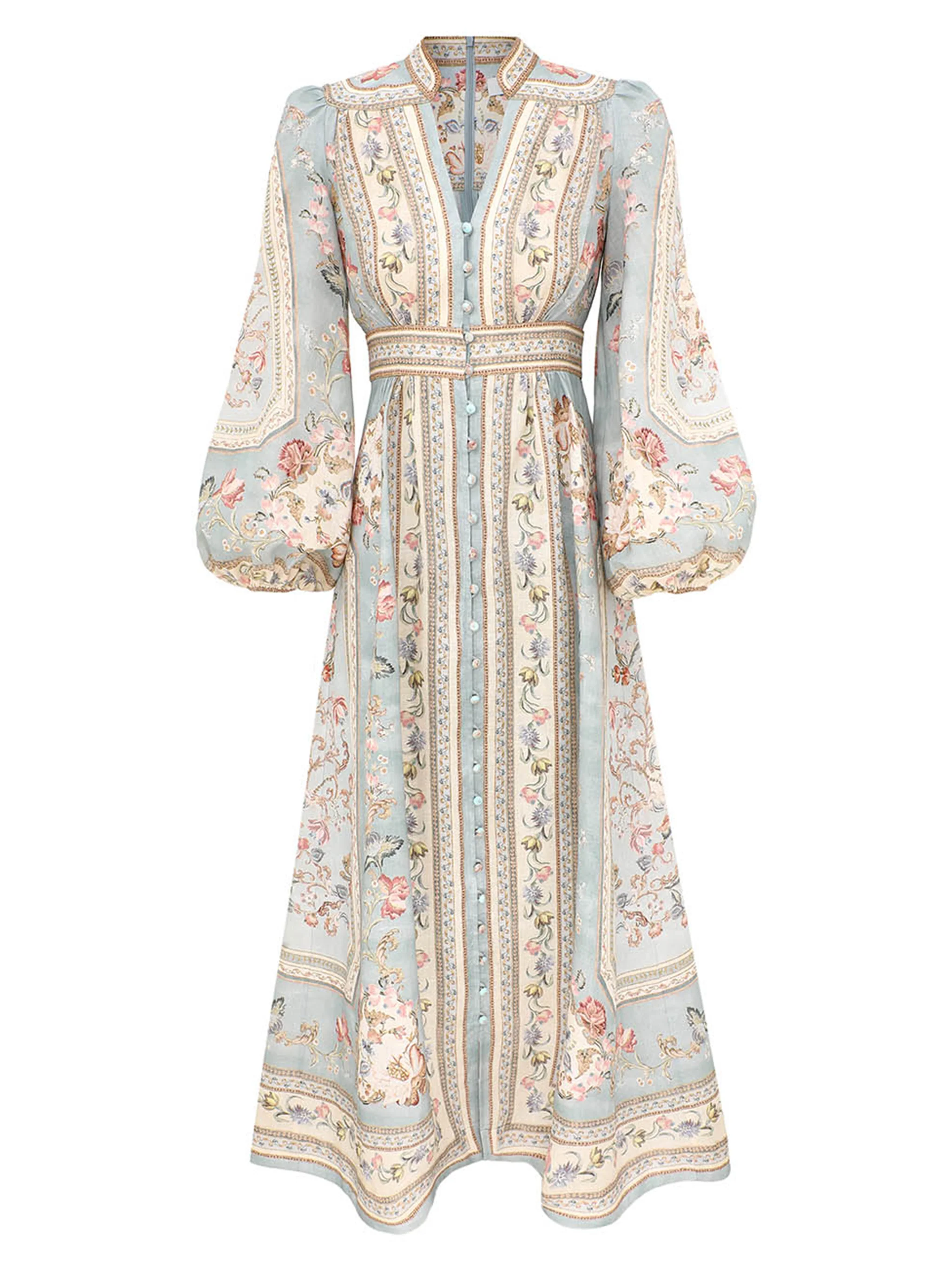 Zimmermann Chic V-Neck Mini Dress with Stand Collar and Stone Buttons